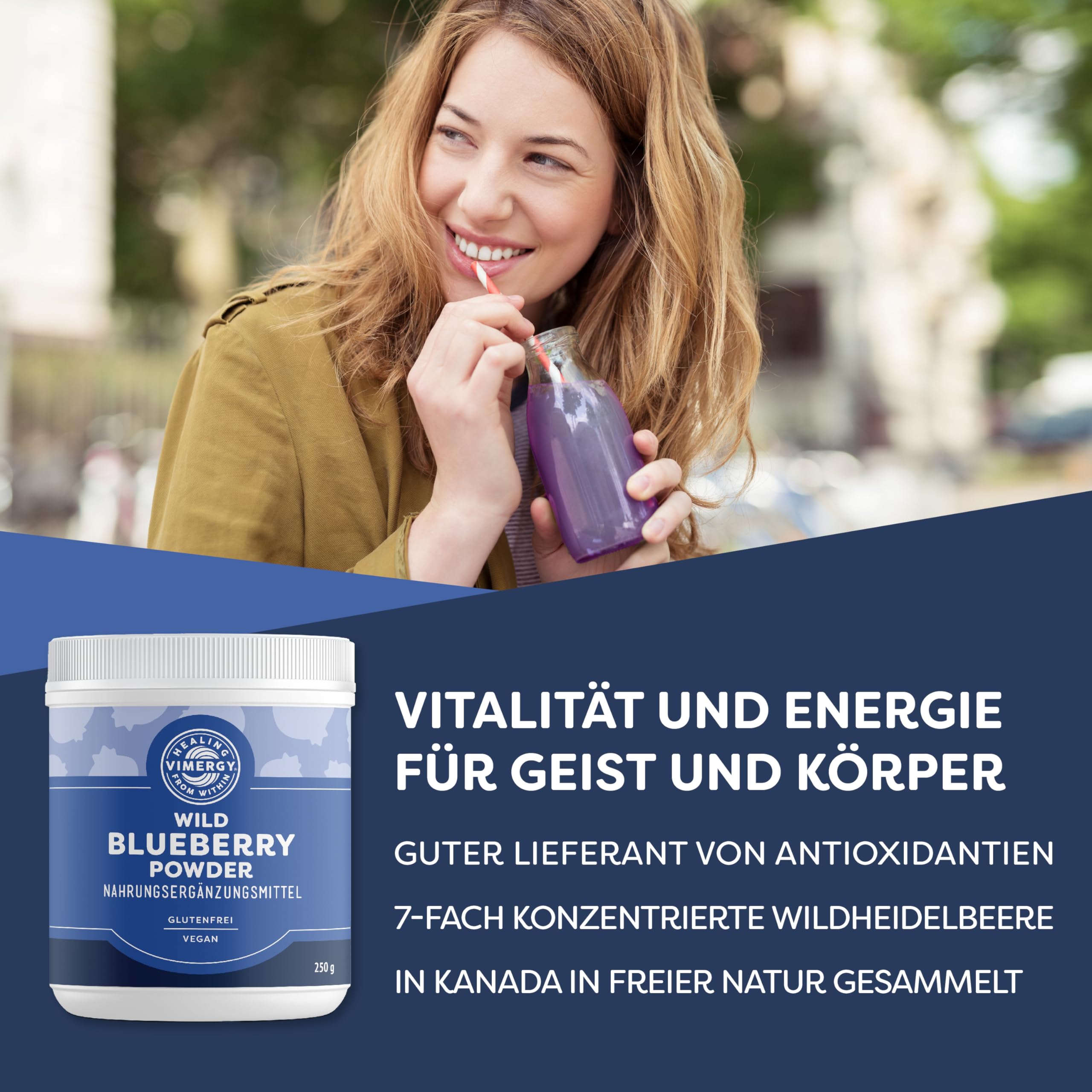 Vimergy Wild Heidelbeerpulver, 62 Portionen – Blaubeerpulver – Heidelbeerpulver von ganzen Beeren – Vegan – Ohne Zucker oder Füllstoffe – Gentechnik- und Glutenfrei (250 g)
