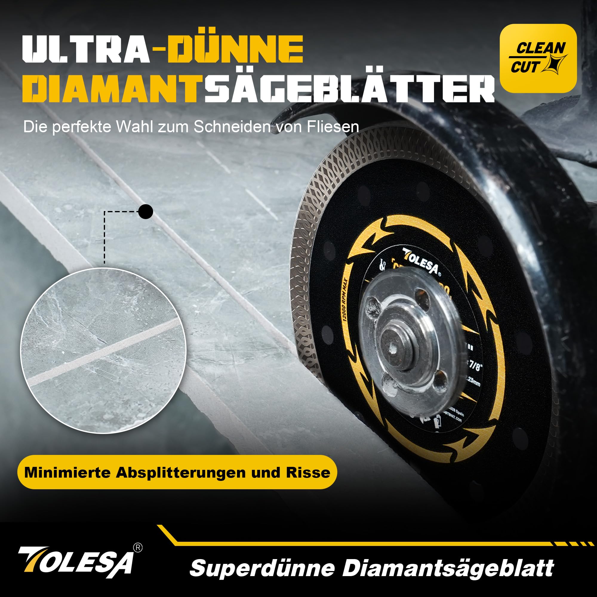 TOLESA Diamantscheibe 125mm, Extra Dünne Diamantscheibe für Fliesen, Keramik, Marmor und Granit, Zum Nass- oder Trockenschneiden, mit 22,23 mm Bohrung und Adapterringen 20 mm & 16 mm (3er-Set)