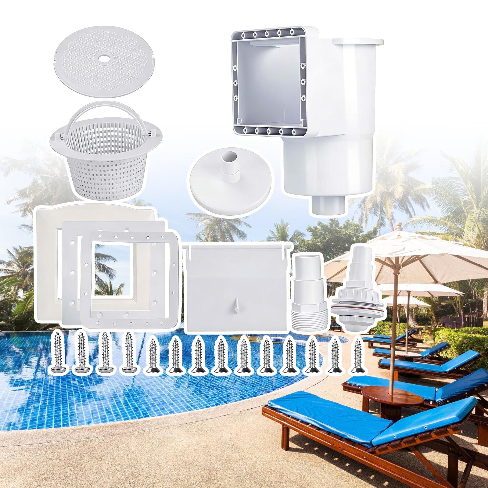 Inground Pool Skimmer Set include viti di guarnizione cestino | Connessione filettata da 1-1/2 pollici, skimmer per piscina resistente, struttura ABS, parti di installazione complete
