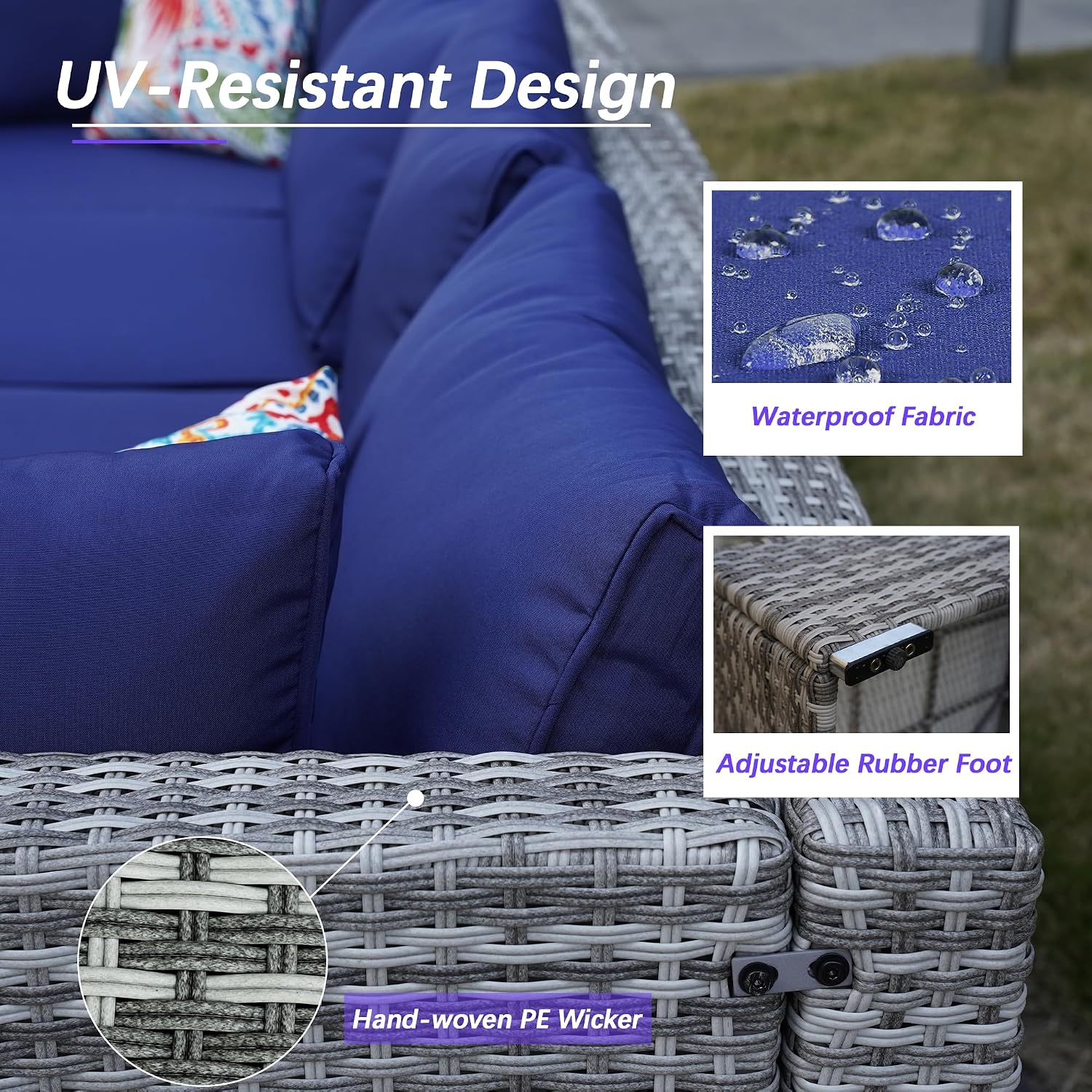 7 Piece Outdoor Sectional with Waterproof Cover, Outdoor Patio Furniture Set with Coffee Table, Sectional Couch Sofa with Cushions, Wicker Outdoor Conversation Set for Backyard & Garden, Navy Blue