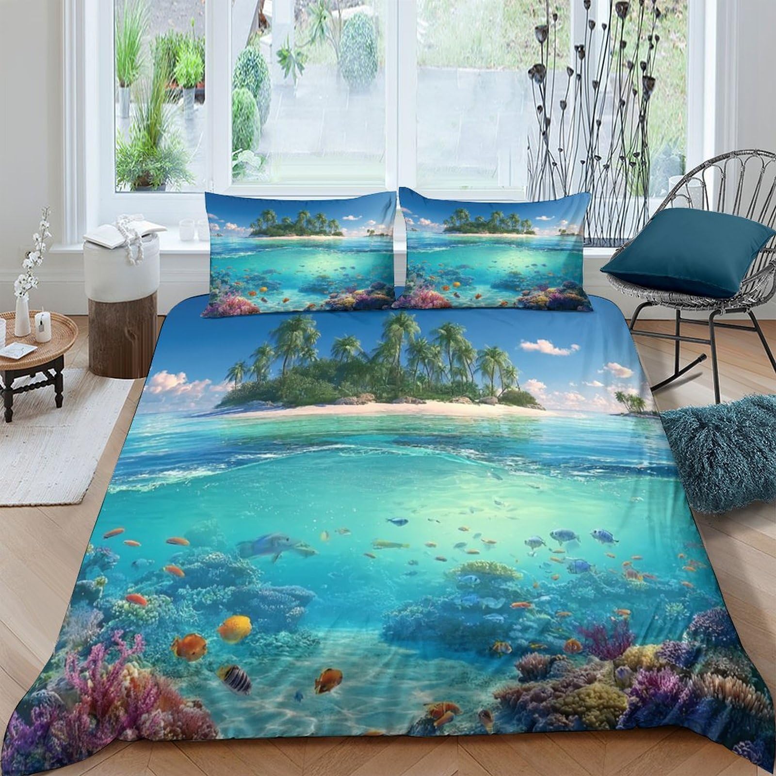 Ctjqhvkz Style-7 3D Printed Tropical Island Fitted Sheet Microfiber Ocean Coral Mattress Cover For Bedroom Guest Room Decor Easy Care Single（135X200cm）