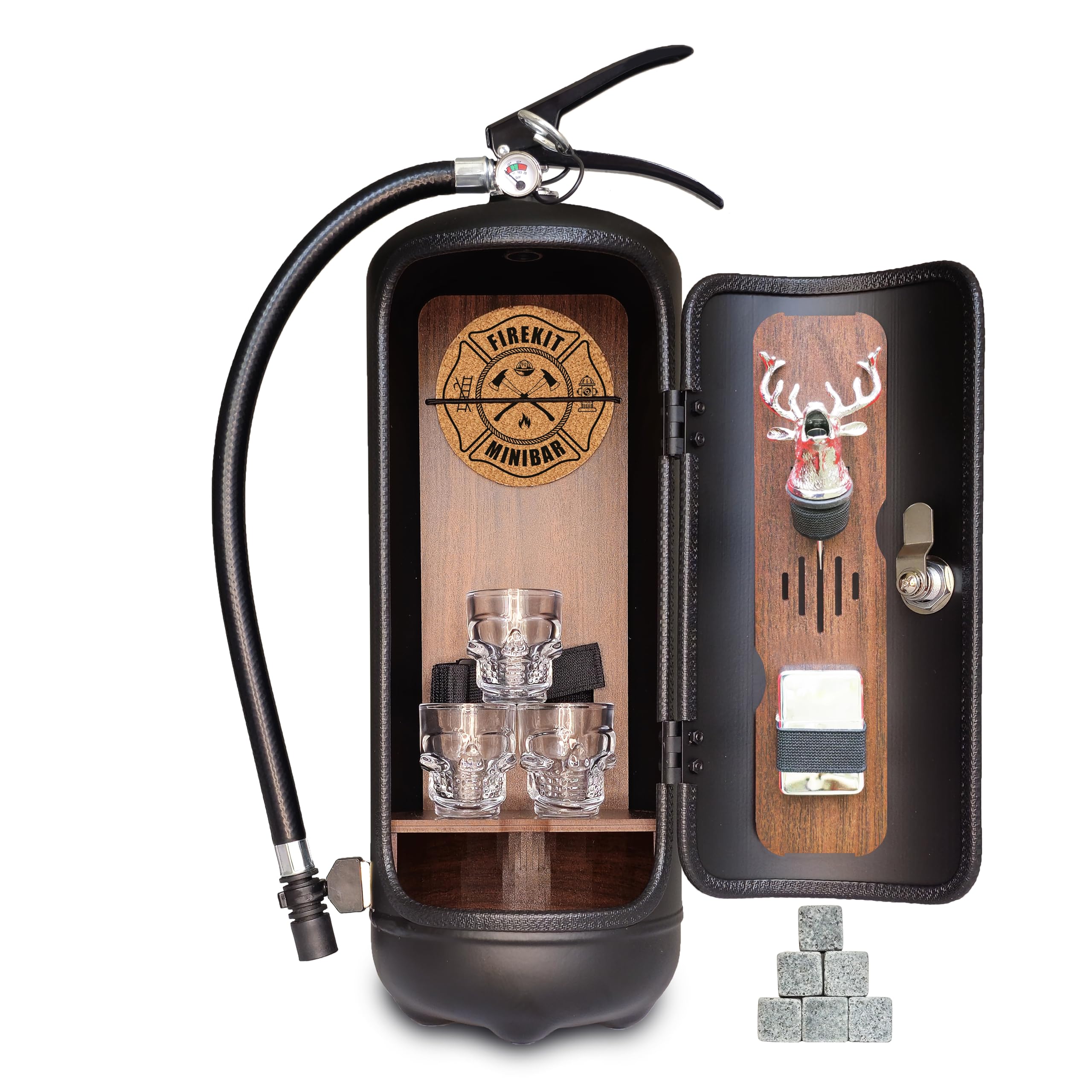 Feuerlöscher Minibar mit 7-teiligem Zubehör-Set inkl. 3 Schnapsgläser, Whiskysteine, Schnapsausgießer, Korkuntersetzer - Ideales Originelles Geschenk für Mann oder Feuerwehrler Feuerwehr