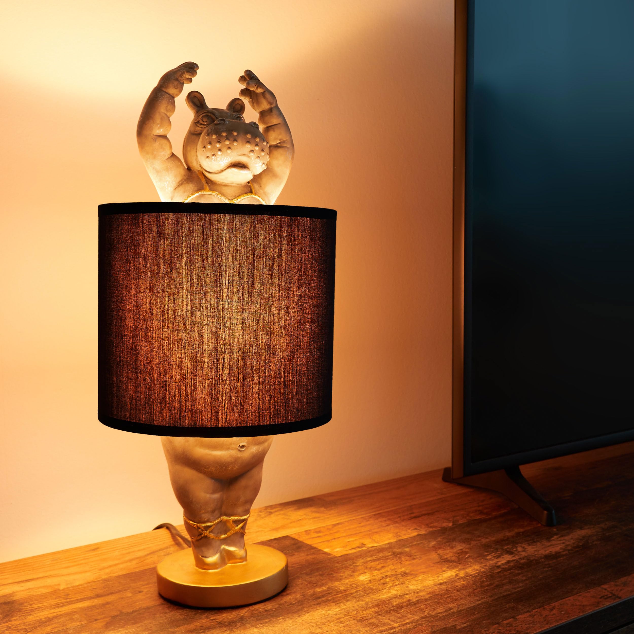 BRUBAKER Lampe de Table ou de Chevet Hippopotame Ballerine - Lampe de Table avec Pied en Céramique et Abat-jour en Tissu - 43 cm de Hauteur, Noir Gris