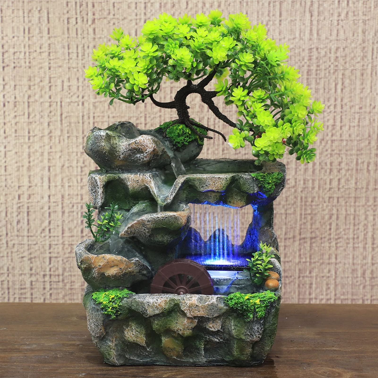 Fuente de Mesa Decorativa para Interior, Fuente de Agua con Cascada, de Resina, con iluminación LED, Bomba de Agua, Zen, decoración para salón, Dormitorio, Oficina, 20 x 15 x 26 cm