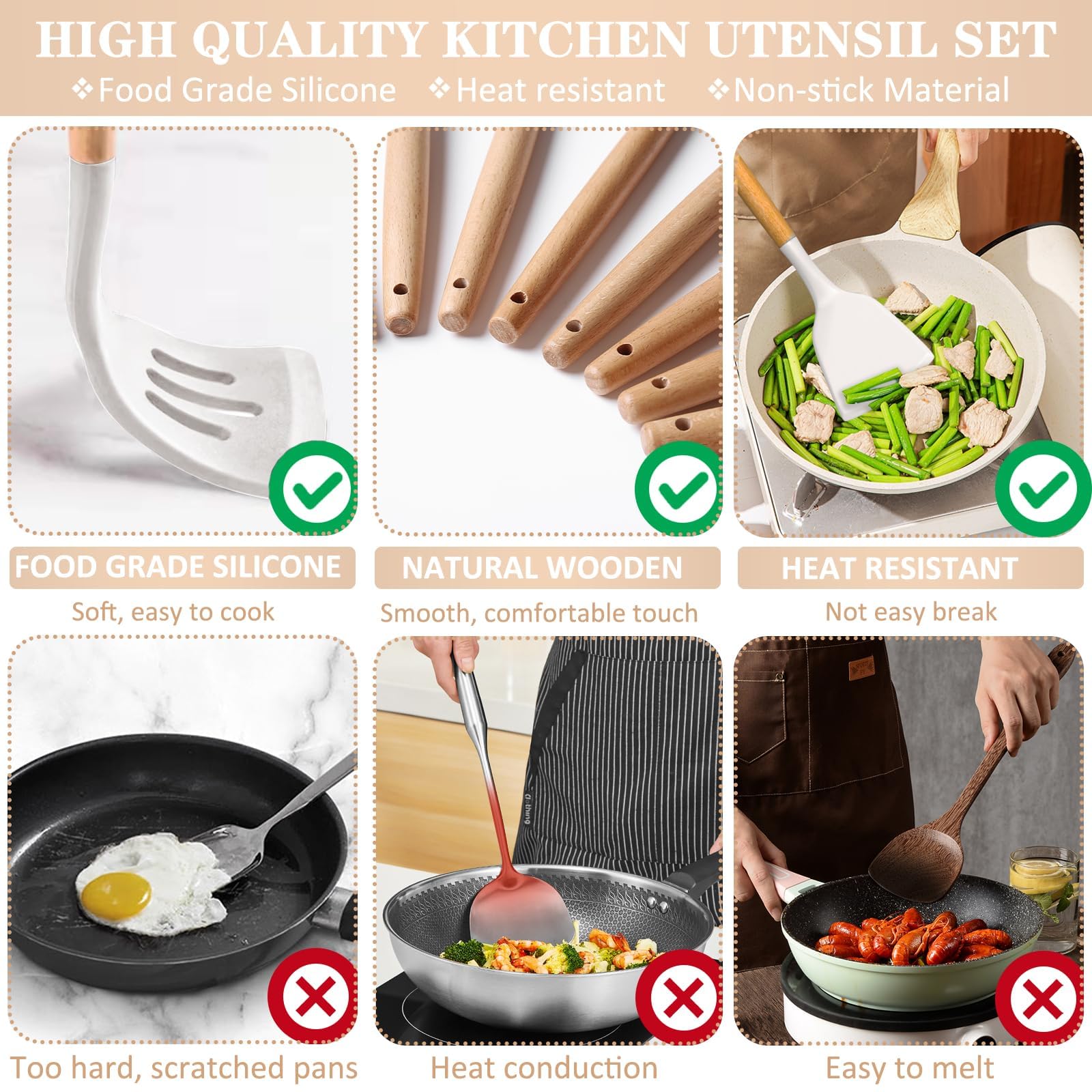 Set di utensili da cucina in silicone, 43 spatole antiaderenti resistenti al calore, con manico in legno per cuocere, cucinare e miscelare, i migliori strumenti da cucina con supporto (bianco)