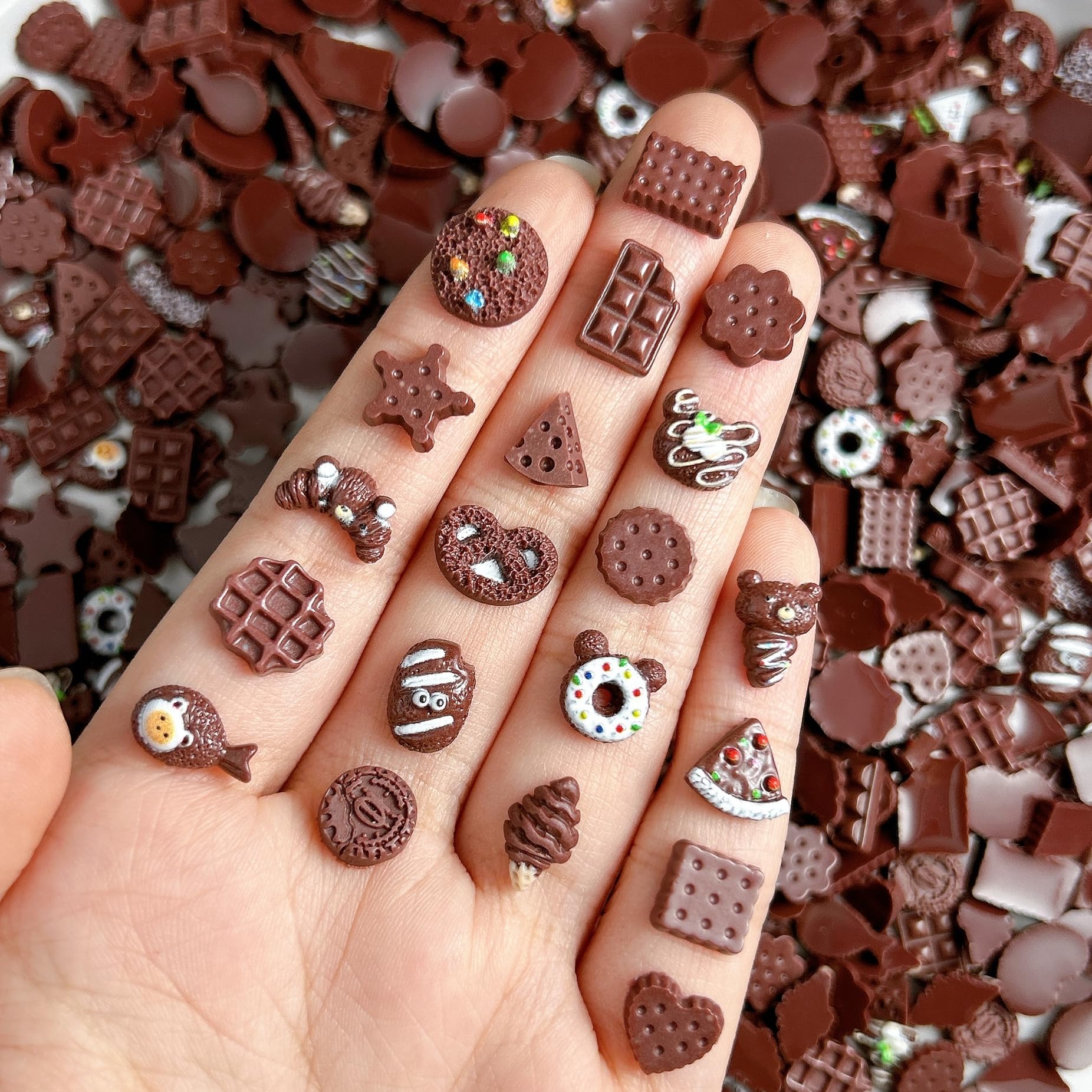 Photo 1 of 100 PCS Chocolate Color Nail Charms Mixed Resin Biscuit Bread Flat Nail Art Charms Bear Cookies Cake Donuts Nail Supplies Multiple Types Charms Rhinestones for DIY Craft Jewelry Making Nail Decoration