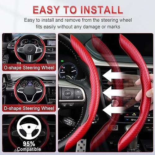 Miniatura 2 de UREHEPO Funda de fibra de carbono para volante de automóvil, piel de microfibra antideslizante y transpirable, accesorios universales, color rojo