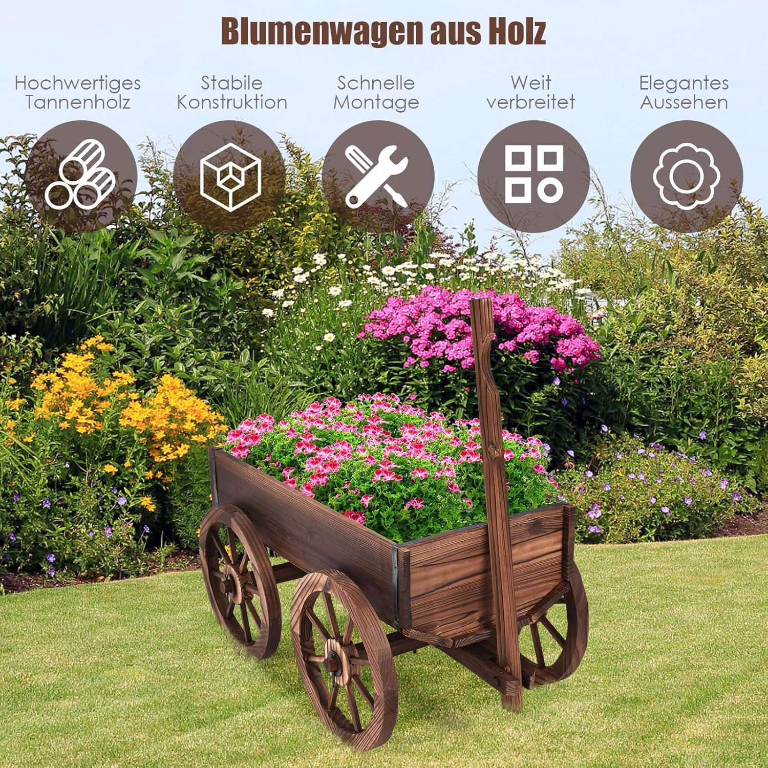 GOPLUS Blumenwagen Holz, Pflanzwagen mit 4 Rädern, Pflanzschubkarre mit Verstellbarer Griff, Pflanztopf Garten mit Ablauflöchern, Bollerwagen Schubkarre Blumenkarre Gartendeko Outdoor, 120x43x53,5 cm