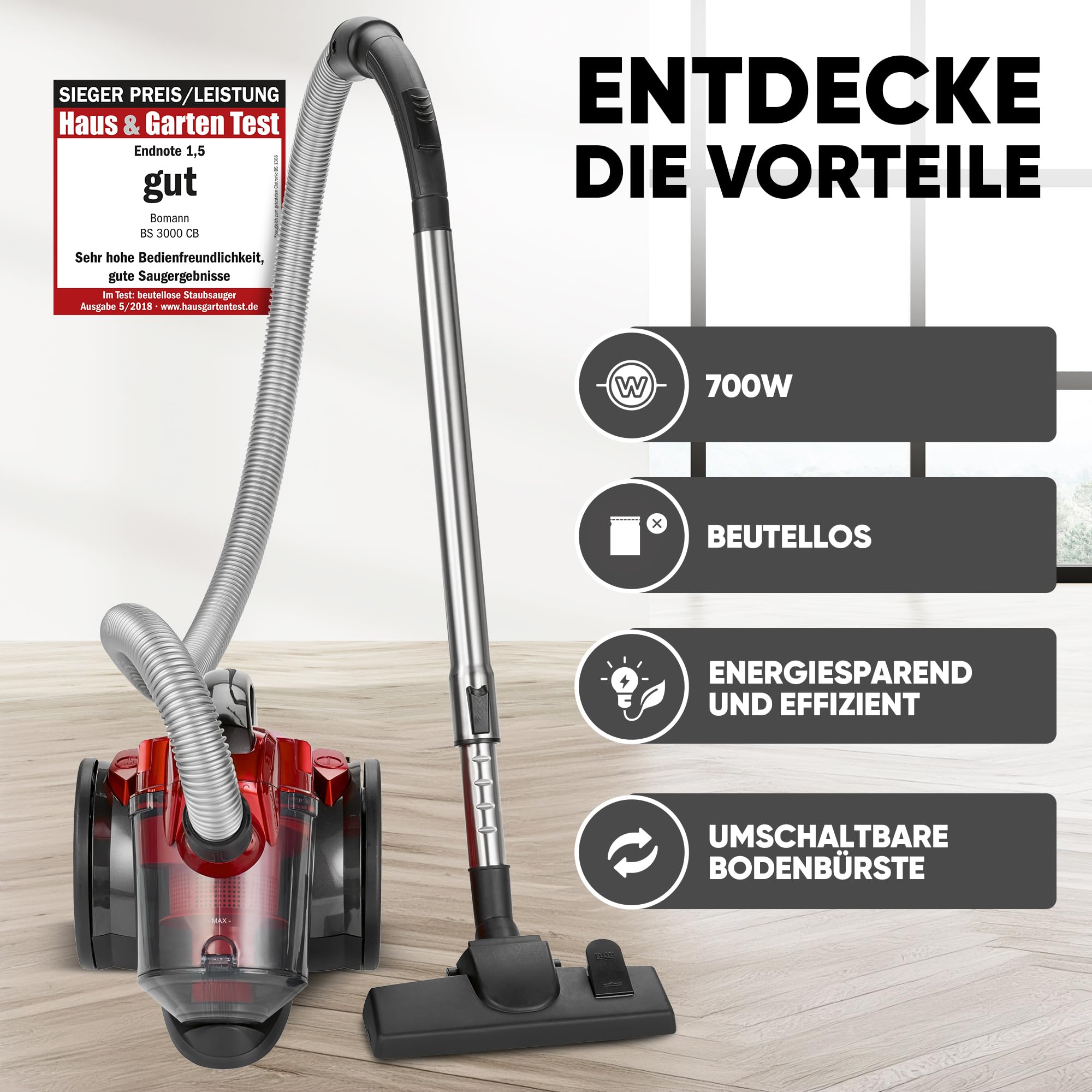 Bomann Bodenstaubsauger mit energiesparenden 700 Watt | Staubsauger mit 4-Fach Mikrofiltersystem | Sauger ohne Beutel | Inkl. HEPA-Filter | Metall-Teleskoprohr | Umschaltbare Bodenbürste | BS 3000 CB