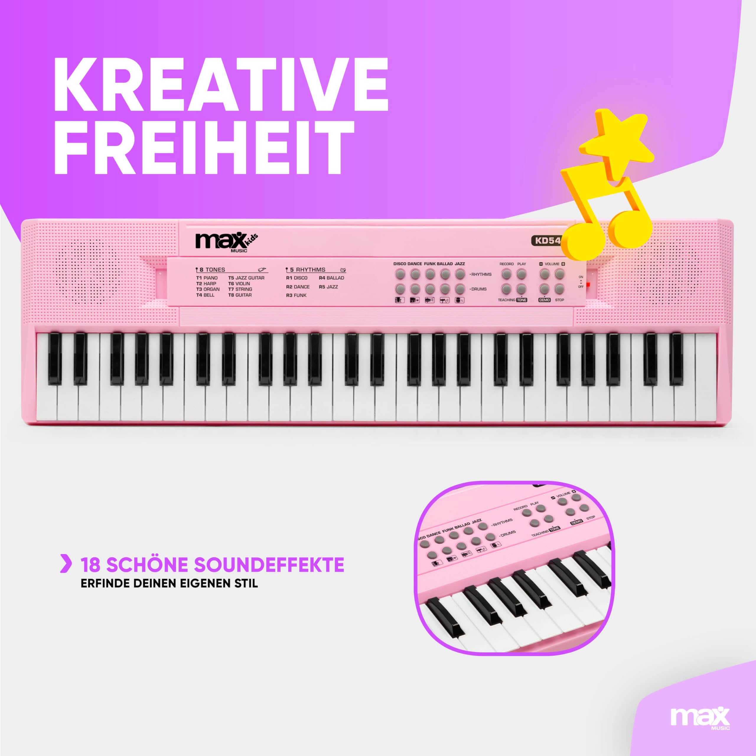 MAX KD54P - Kinder Keyboard mit Mikrofon, 54 Tasten, 8 Klangarten, 5 Rhythmen & Sounds, Klavier mit Aufnahmefunktion, 8h Akku - E Piano Kids, Keyboard Piano Spielzeug für Kinder ab 6 Jahre