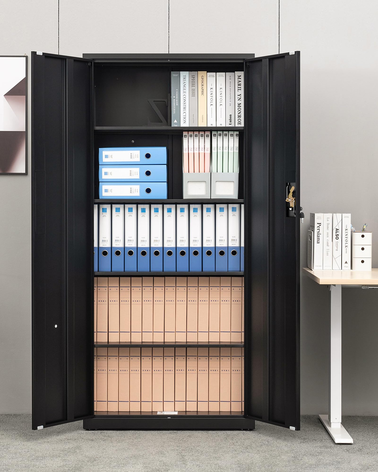 LAND·VOI Stahlschrank 5 Ebenen mit Schloss verstellbare Einlegeböden Doppeltüren Aktenschrank Werkzeugschrank für Büro Garage Haushalt Werkstatt 80x40x181.5 cm Schwarz