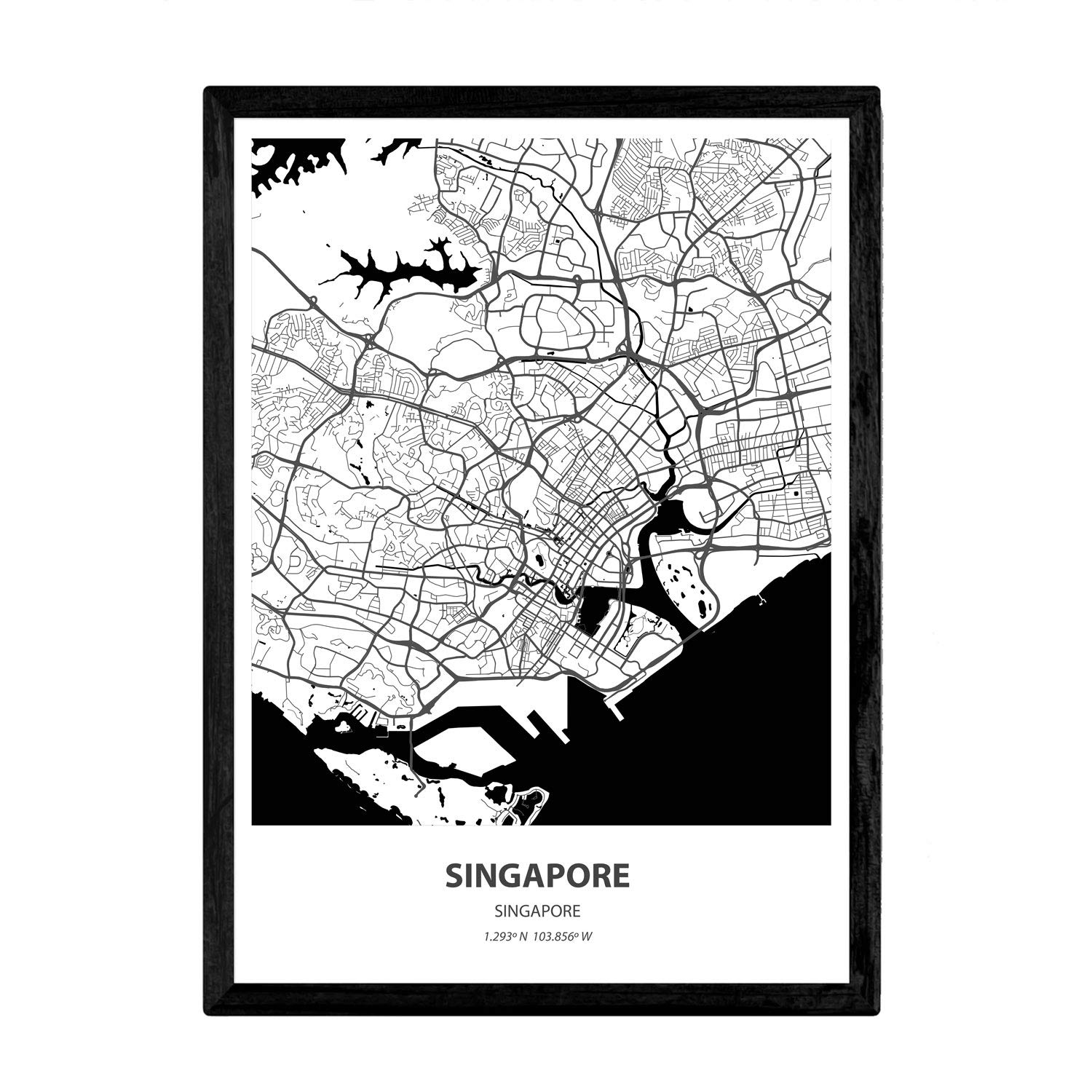 Nacnic Poster with map of Singapore - Singapore. Asian cities sheets with seas and rivers in black color. A4 size