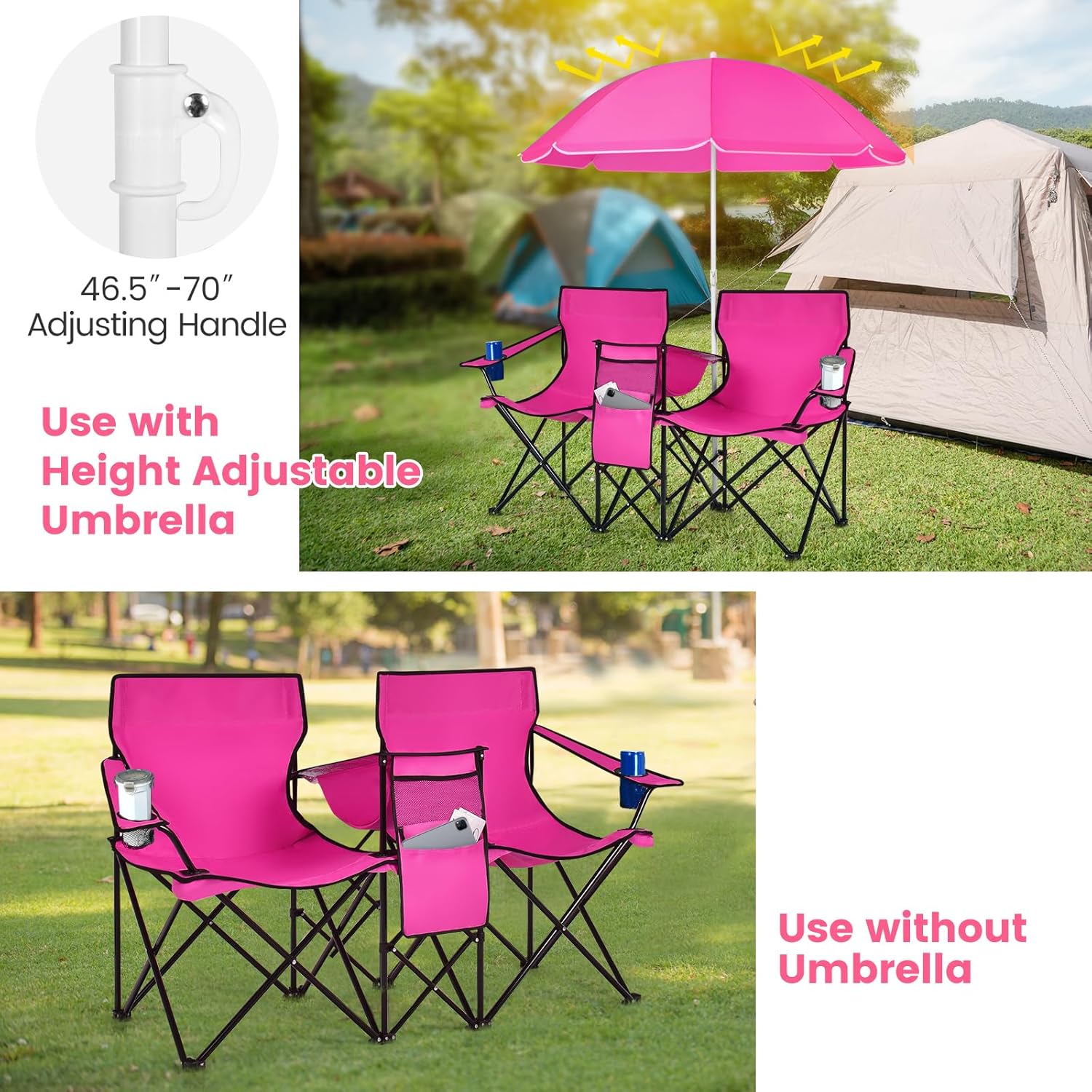 Tangkula Double Camping Chairs with Umbrella, Portable 2 Seat Folding Camp Chair with Cooler Bag, Beverage Holder, Carrying Bag, Foldable Lawn Chair for Outside, Fishing, Picnic, Beach
