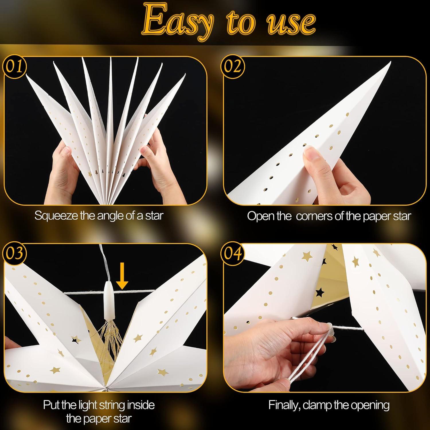 Hiboom 8 Pack Paper Star Lantern 24 Inch, 8 Mode 50 LEDs Firework Fairy String Lights, Five Pointed Light up Hollow Out Star Hanging Decoration for Indoor Outdoor Room Wedding Christmas Party