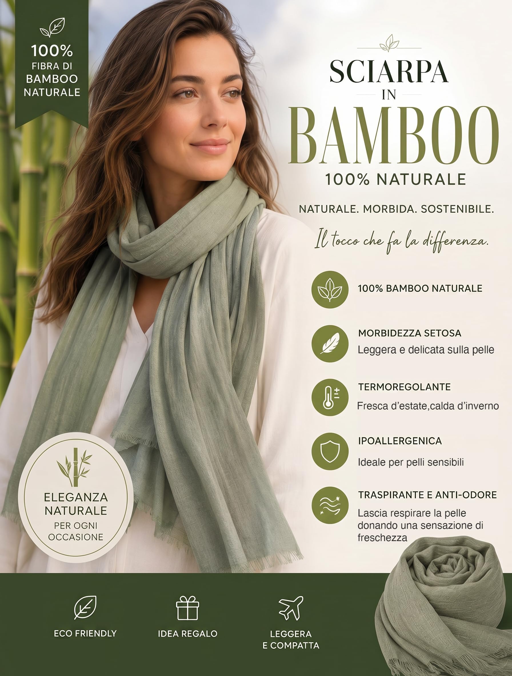 Sciarpa Donna in Fibra di Bamboo Primavera Estate MADE IN ITALY - Foulard Sciarpa Donna Leggera e Traspirante