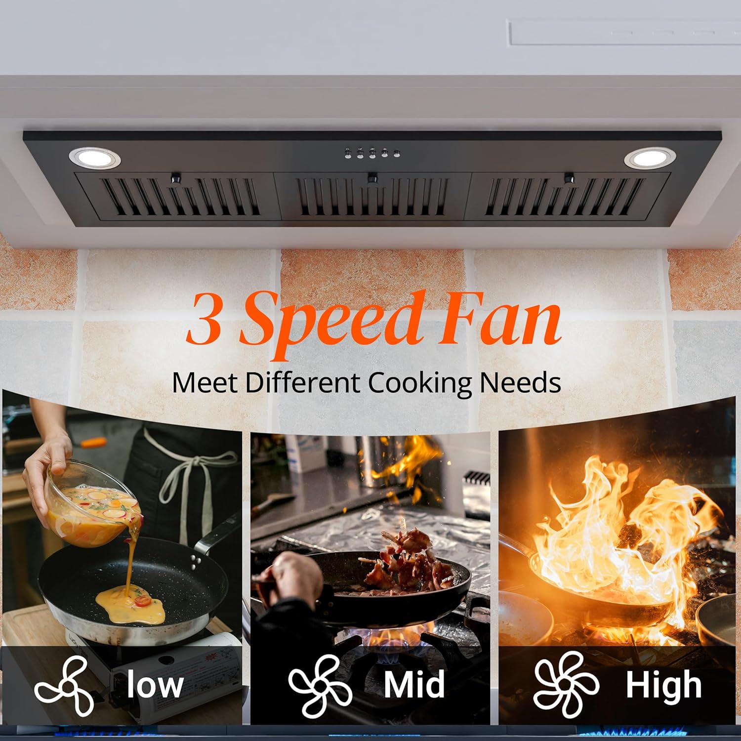 Three fan speed settings: Low, Medium, High, for different cooking needs