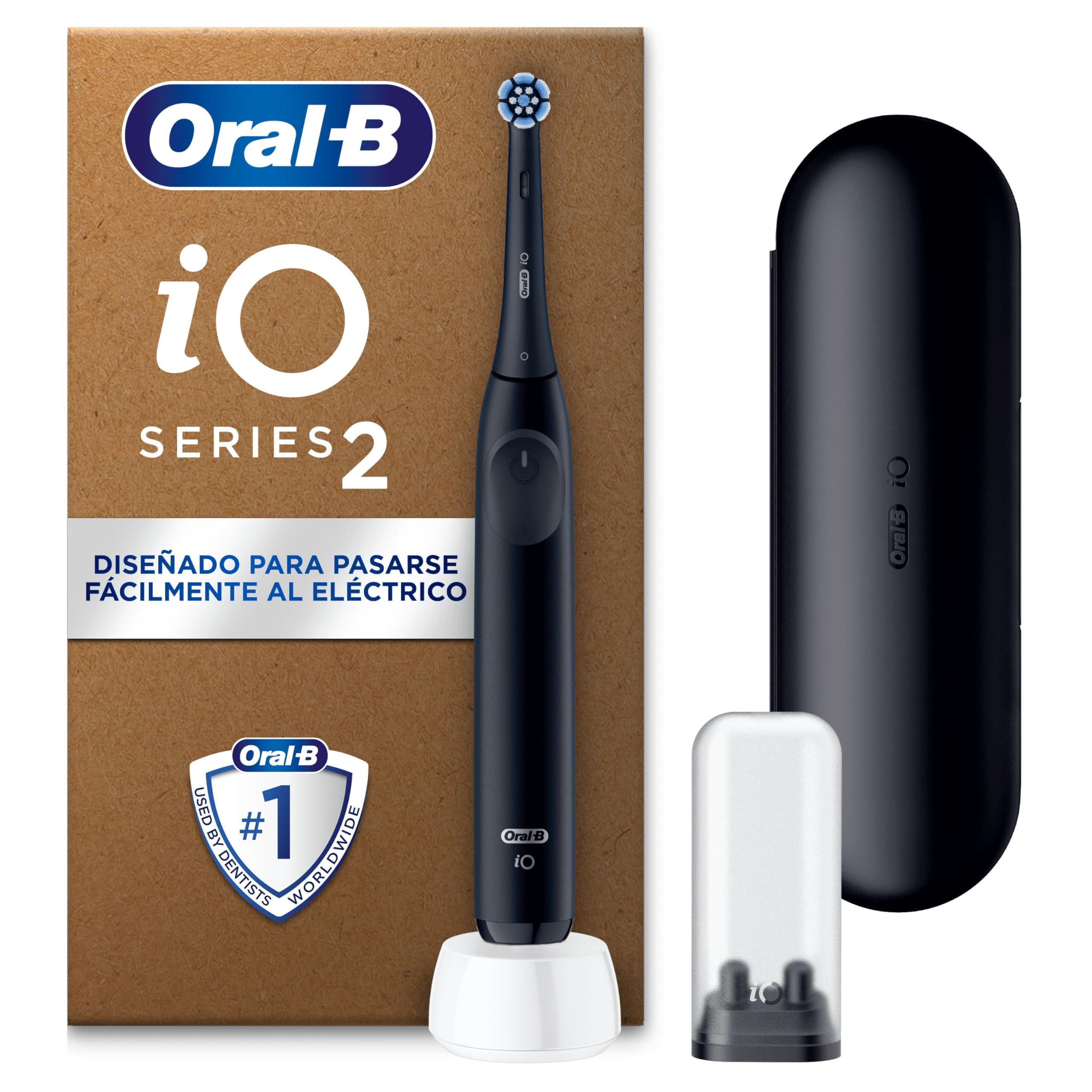 Oral-B iO 2 Cepillo de Dientes Eléctrico Negro Noche, 1 Cabezal, 1 Estuche De Viaje, 1 Soporte de Recambios de Viaje, 3 Modos De Cepillado, Sensor De Presión y Temporizador, Diseñado por Braun