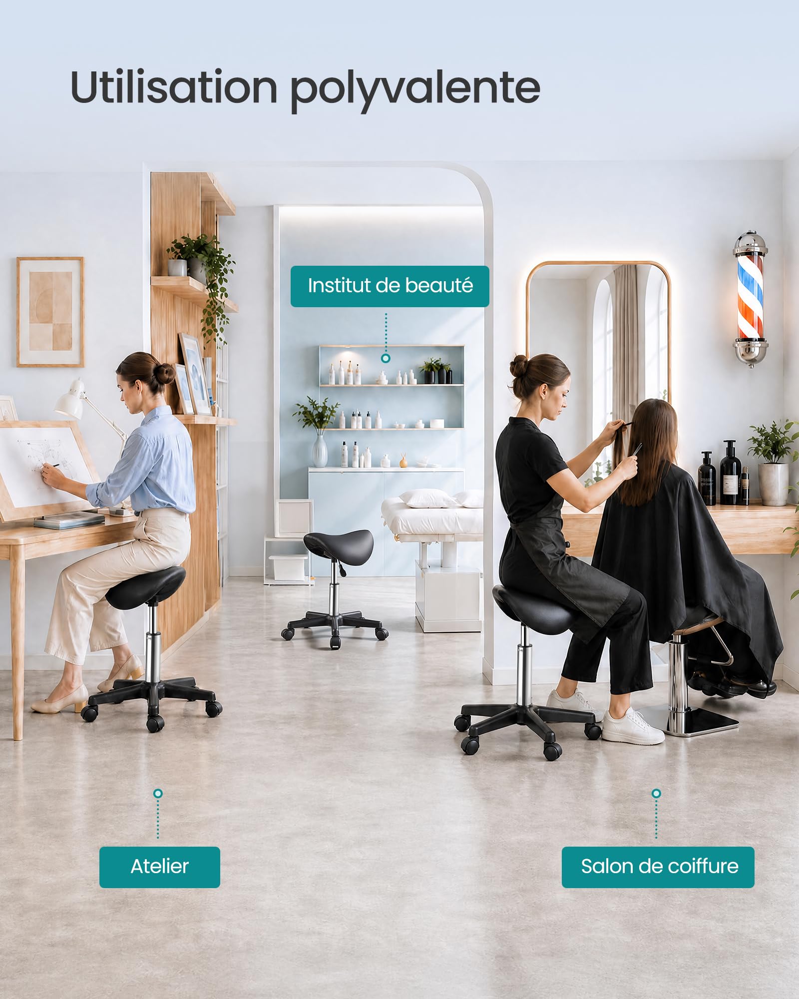 SONGMICS Tabouret Selle, Tabouret à roulettes Ergonomique en Cuir PU, Réglable en Hauteur, Pivotant à 360°, 56 x 56 x 45-61 cm, Noir, pour Bureau, Salon, Collection Activo OSC014B101