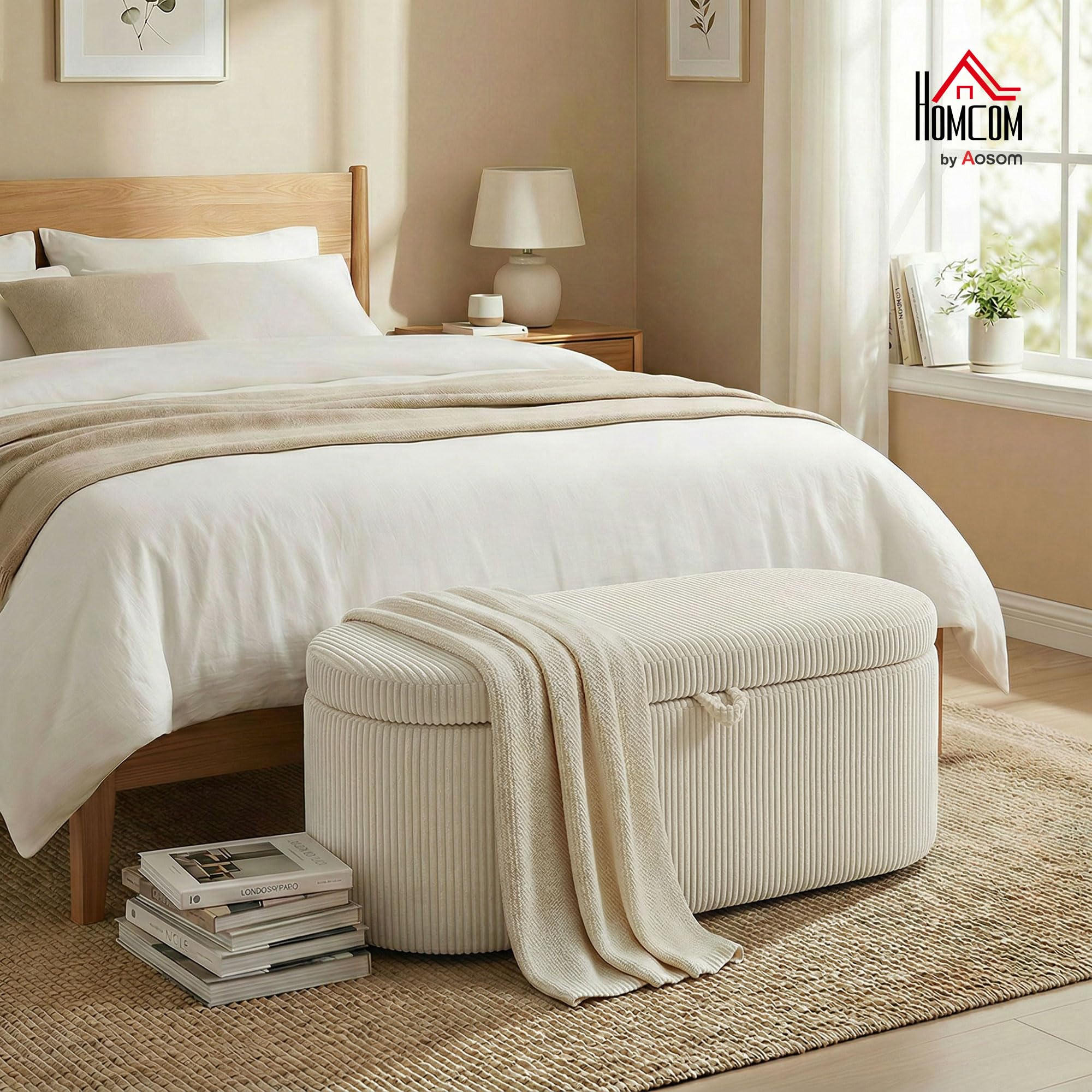 HOMCOM Sitzbank mit Stauraum Polsterbank 105 x 51 x 49 cm mit Holzrahmen, Streifenstruktur, Cord-Optik, Sitztruhe mit Doppelscharniere Bank bis 200 kg für Wohnzimmer, Schlafzimmer, Flur, Beige