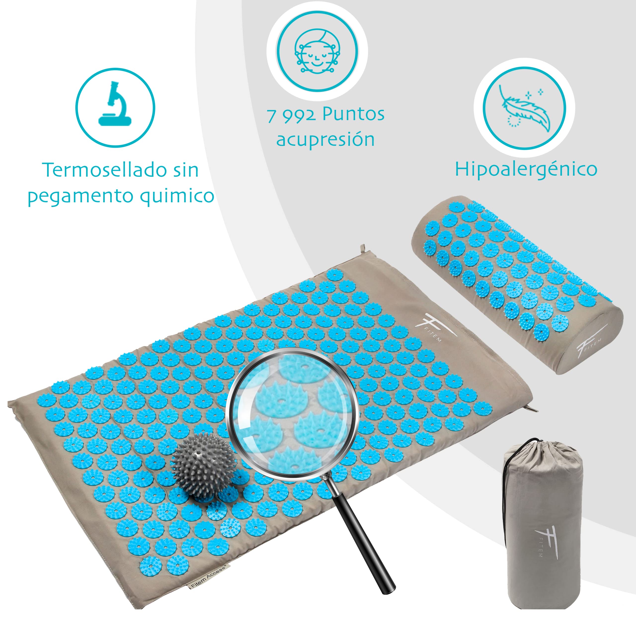Fitem Kit de acupresión con esterilla, cojín, bolsa y bola de masaje, alivia dolores de espalda y cuello, favorece relajación muscular, masaje, descanso y bienestar