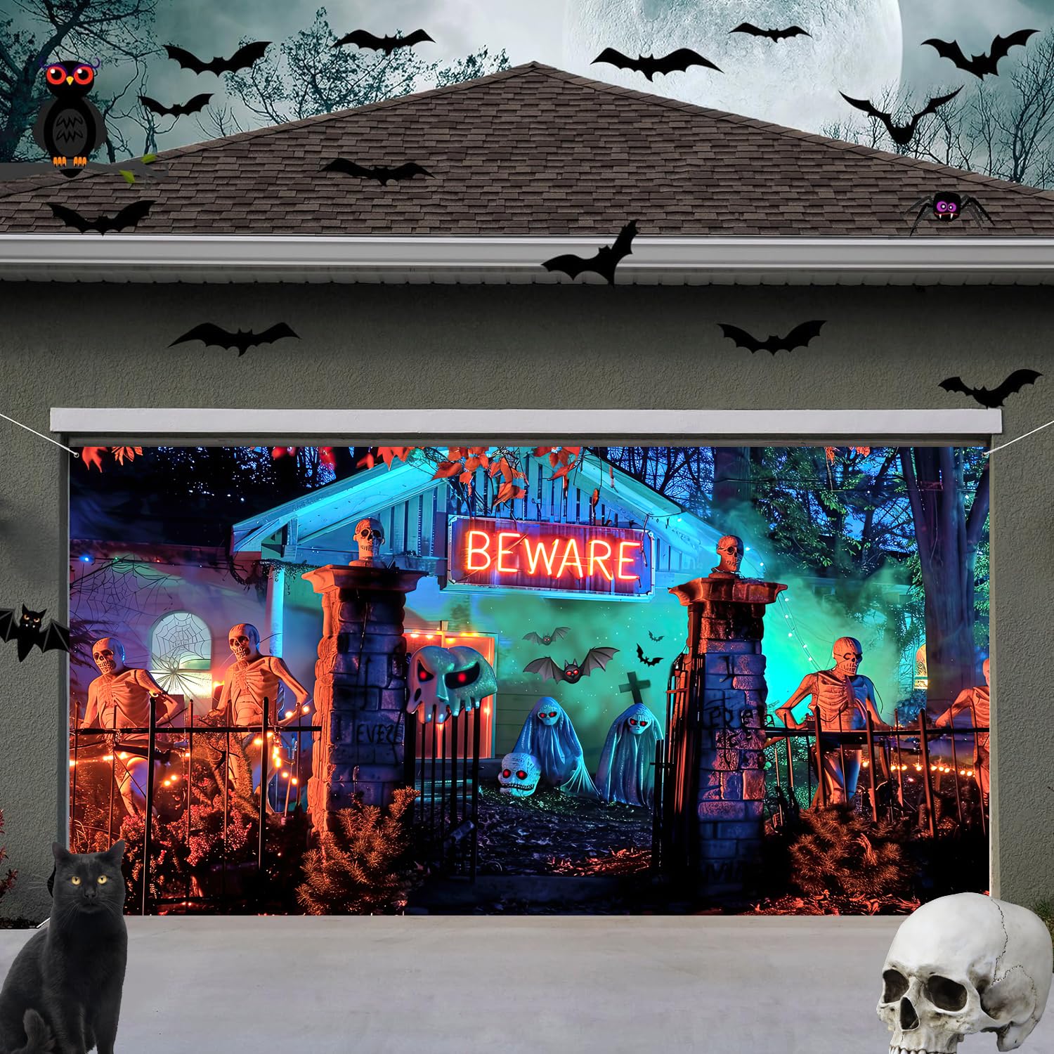 6X13ft Halloween Cemetery Garage Door Decoration Background Scary Haunted House Creepy Cemetery Backdrops Trick or Treat Party Kids Adult Family Backdrop Party Banner Cover