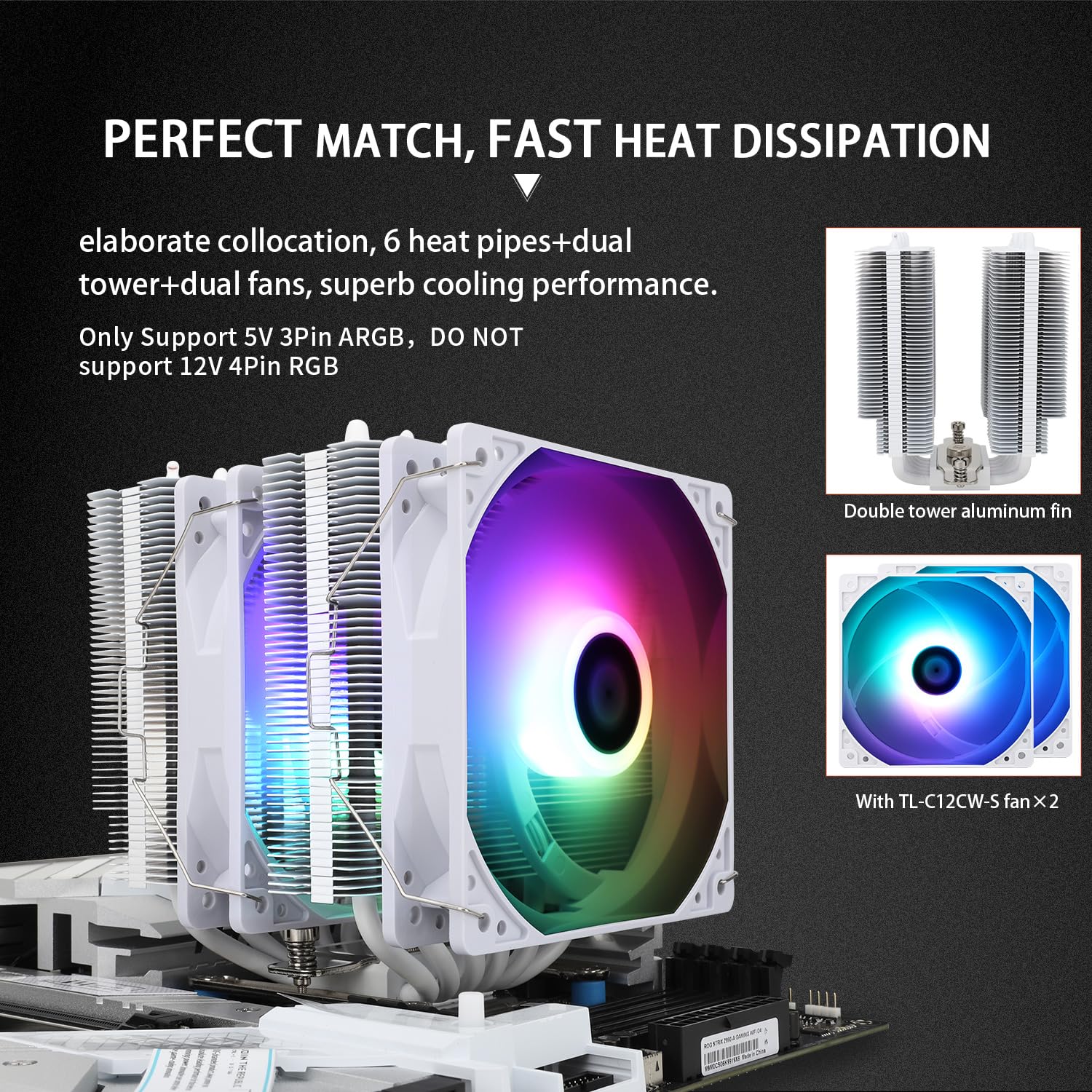 TR -Peerless Assassin 120 SE White ARGB CPU Cooler, 6 Heat Pipes AGHP Technology, Dual Tower e Dual PWM Fans, 155mm High, Computer CPU Cooling per AMD: AM4 AM5/Intel LGA 1700/1150/1151/1200