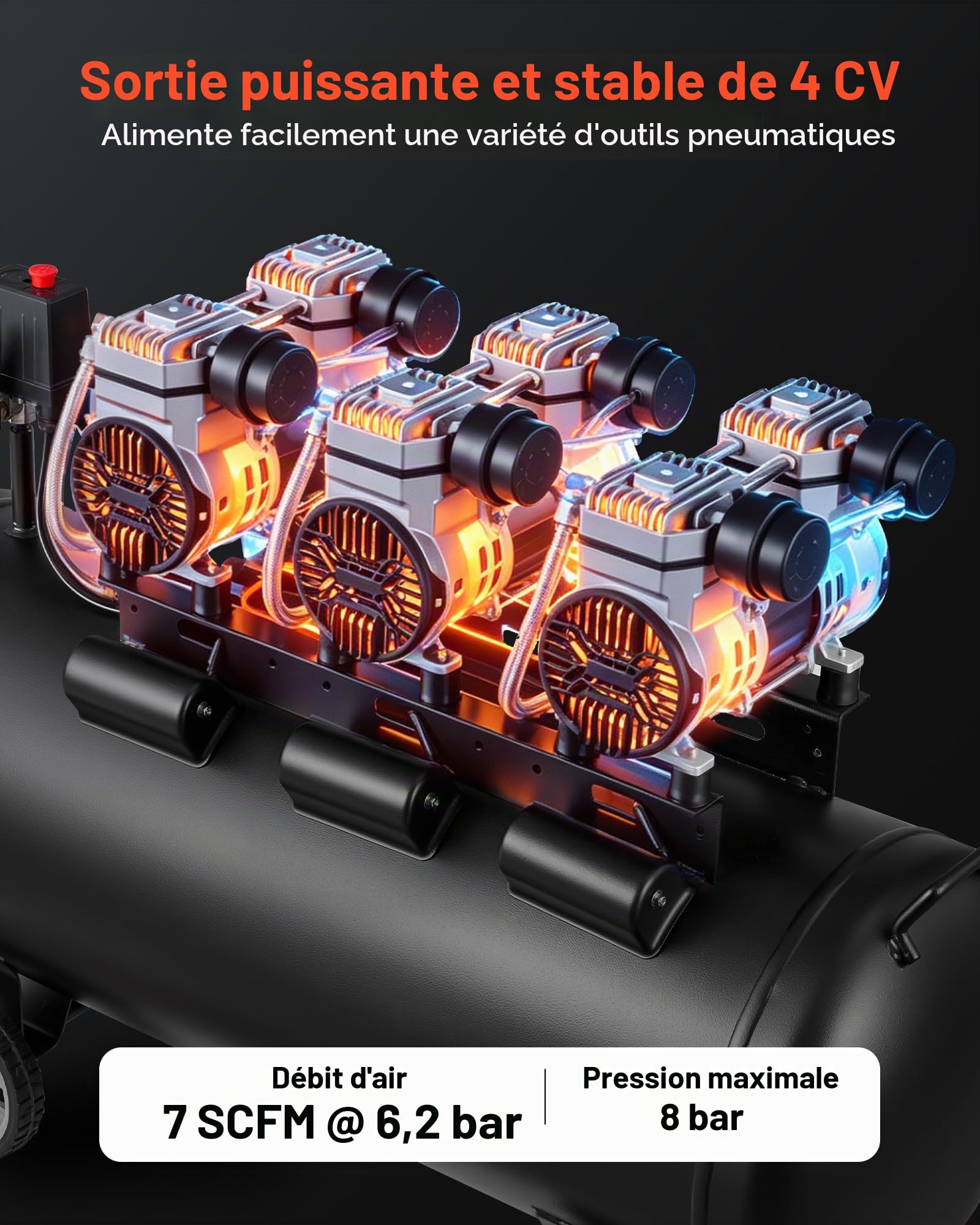 VEVOR Compresseur à Air 100 L Réservoir Compresseur d'Air sans Huile 3 kW pour Réparation Automobile, Gonflage Pneus, Peinture Pistolet, Clouage Bois, 198 L/min à 6,2 bar, Max. 8 bar, Portatif Mobile