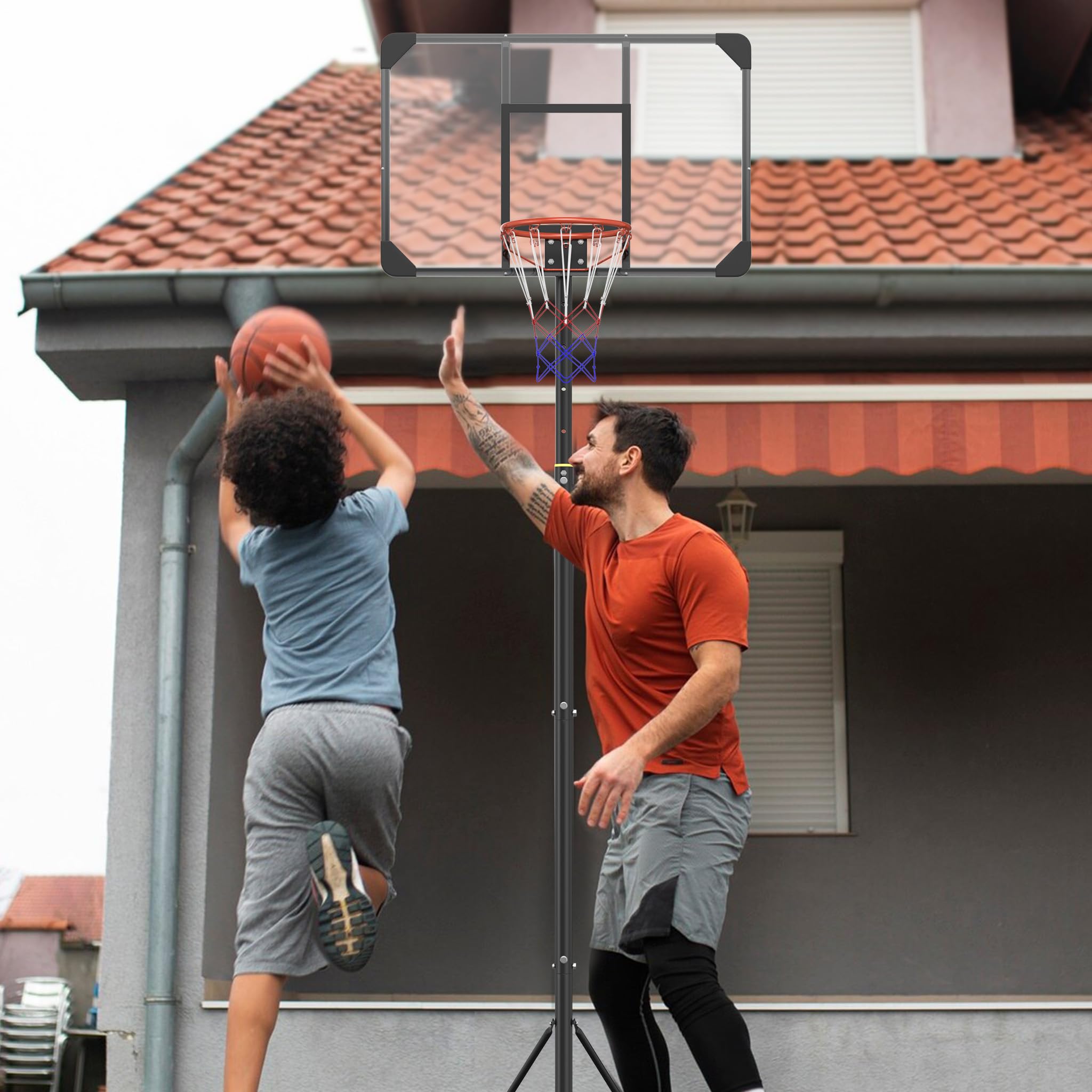UISEBRT Freistehender Basketballständer Höhenverstellbar 150–260 cm | Bruchsichere PC-Backboard | Outdoor Basketballkorb mit 2 Netzen, Basketball Größe 5 & Luftpumpe für Garten, Terrasse, Einfahrt