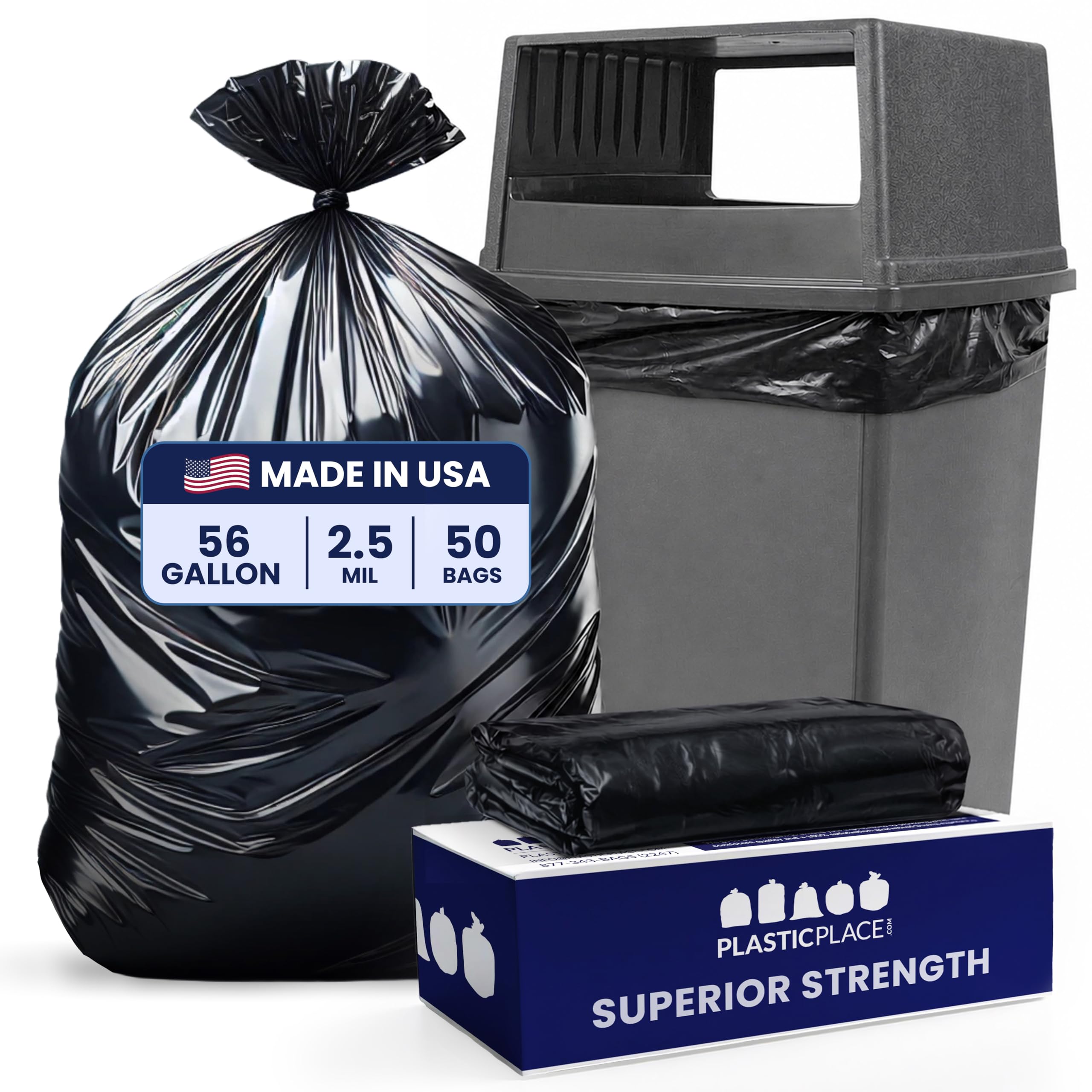 Plasticplace 56 Gallon Glutton Trash Bags, 2.4 Mil, 43W x 46H, Black, 50/Case by Plasticplace