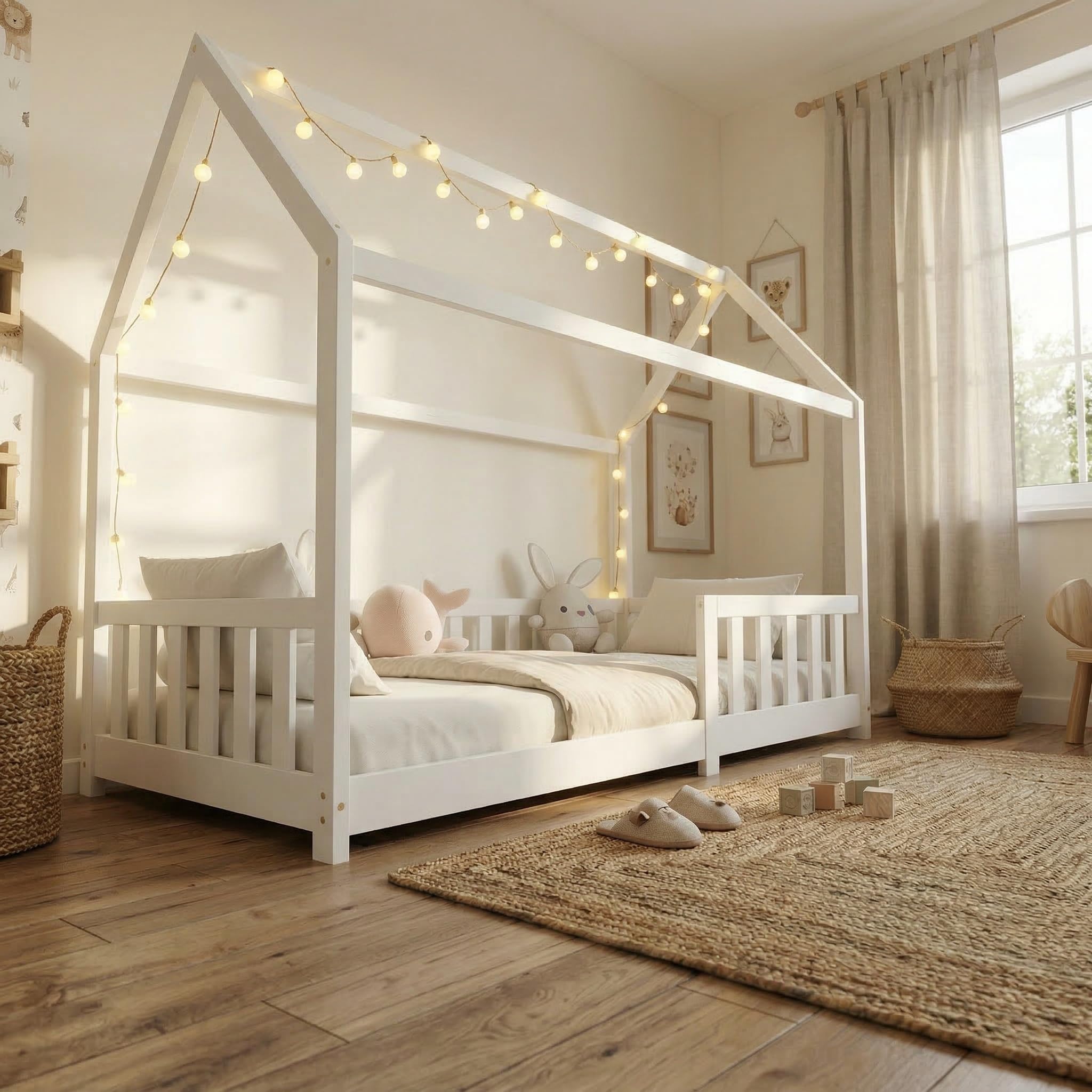 ecomi® Lettino per bambini 90x200 80x160 cm con protezione cadute e rete a doghe Bianco