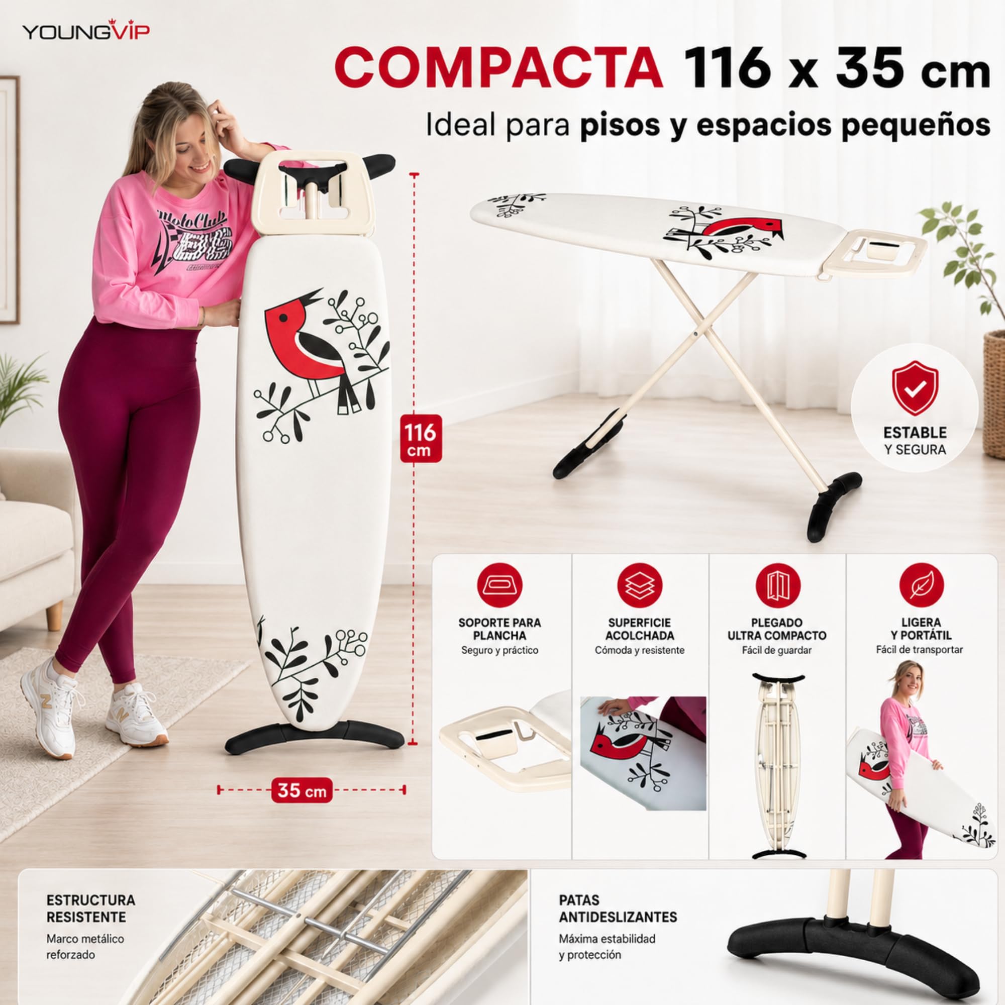 Tabla de Planchar YoungVIP | Área Planchado 116x35 cm | Patas Antideslizantes estables | Protector Suelo | Soporte Plancha | Funda 100% algodón+Relleno | Altura Regulable hasta 92 cm
