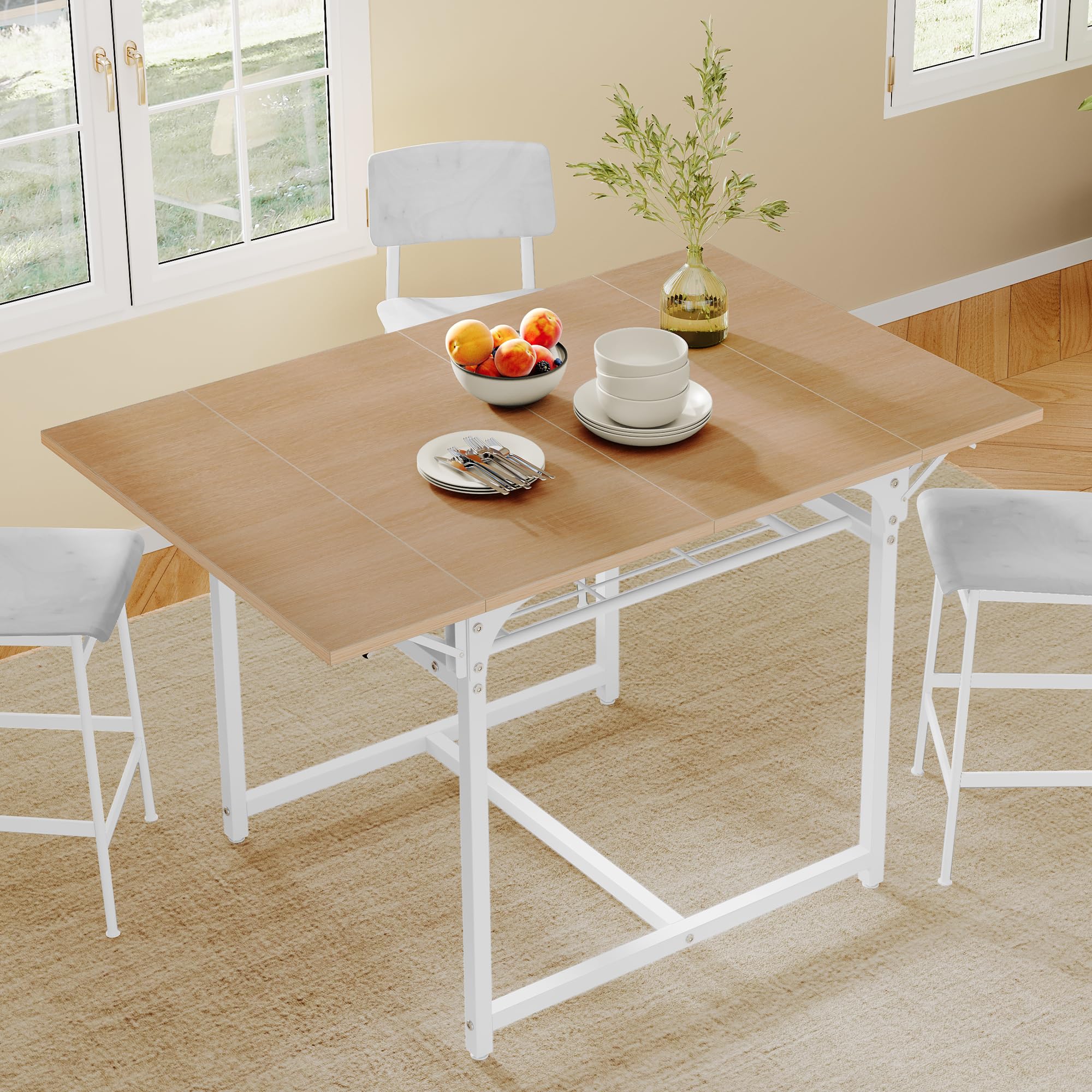 YITAHOME Table à Manger Pliante, Table à Feuilles Extensible avec Porte-Bagages et 4 Jambes réglables, sièges 2-6 Personnes, 120 x 78 x 75cm, chêne Jaune et Blanc