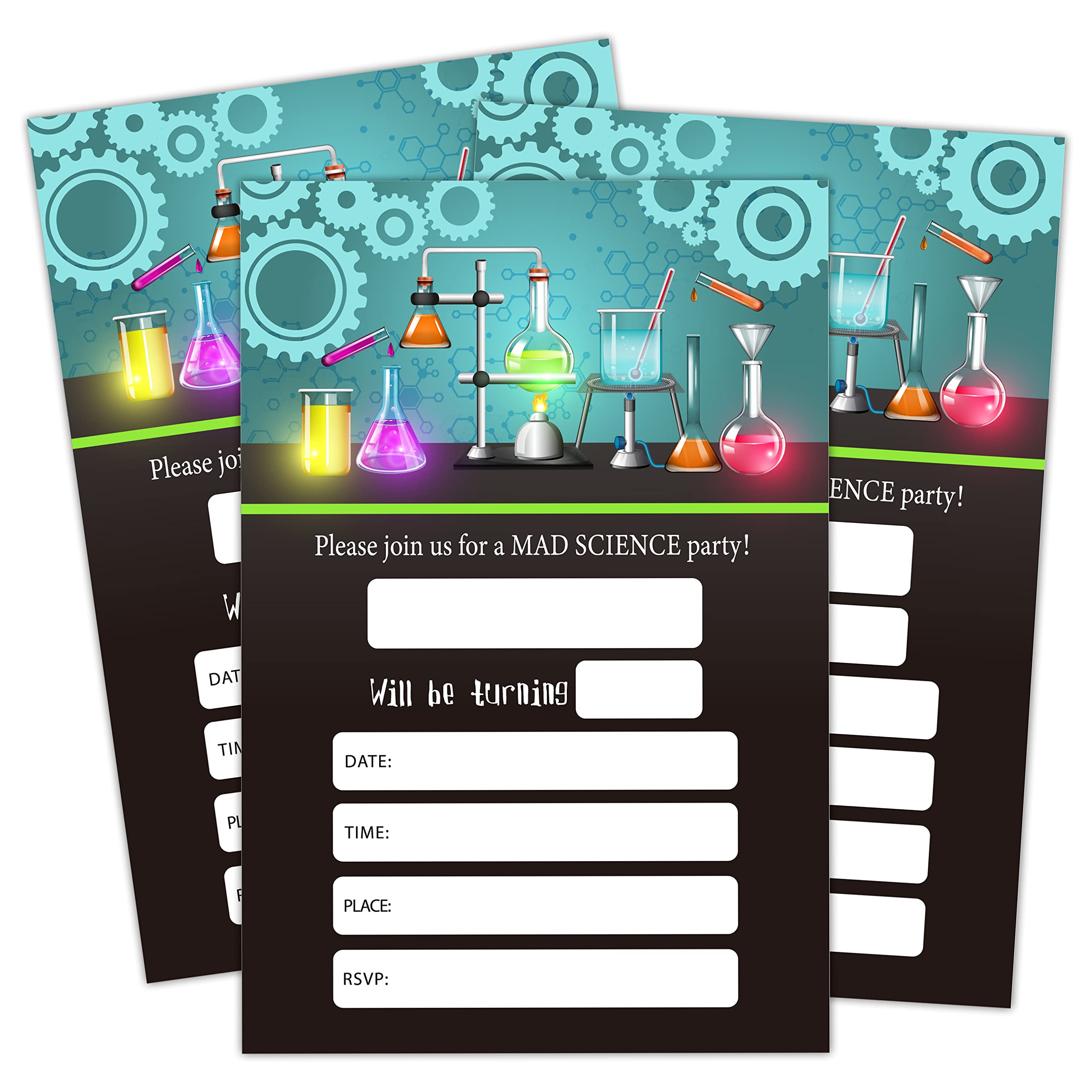 Doreen's Boutique Birthday Invitations, Mad Science Party Decorations, Supplies, Scientist Kids Teen Birthday Party Celebration Favors for Boys or Girls - Pack of 20 Cards with Envelopes (023)