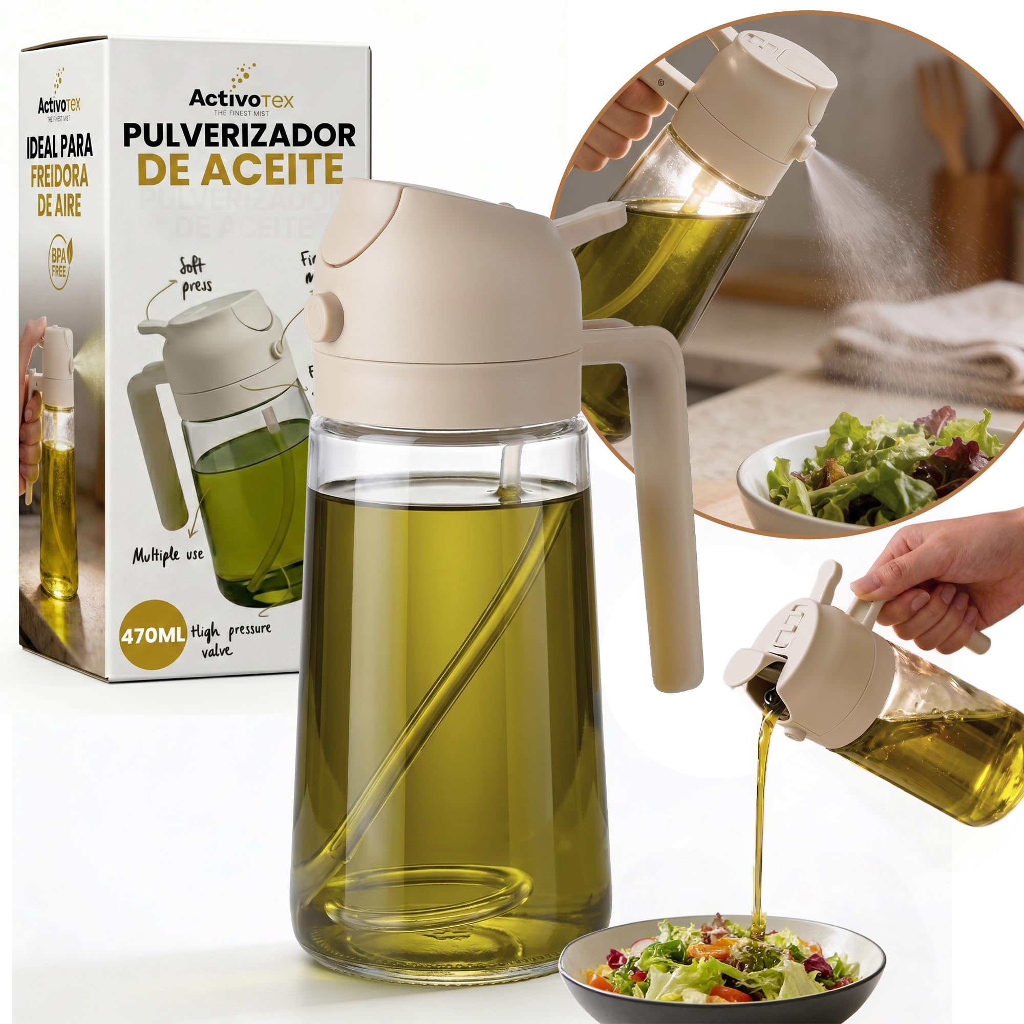 ActivoTex 2 in 1 – Oil Sprayer for Kitchen and Glass Oil Dispenser 470 ml Oil Spray, Fine Mist Spray, Ideal for Air Fryer, Salad and BBQ