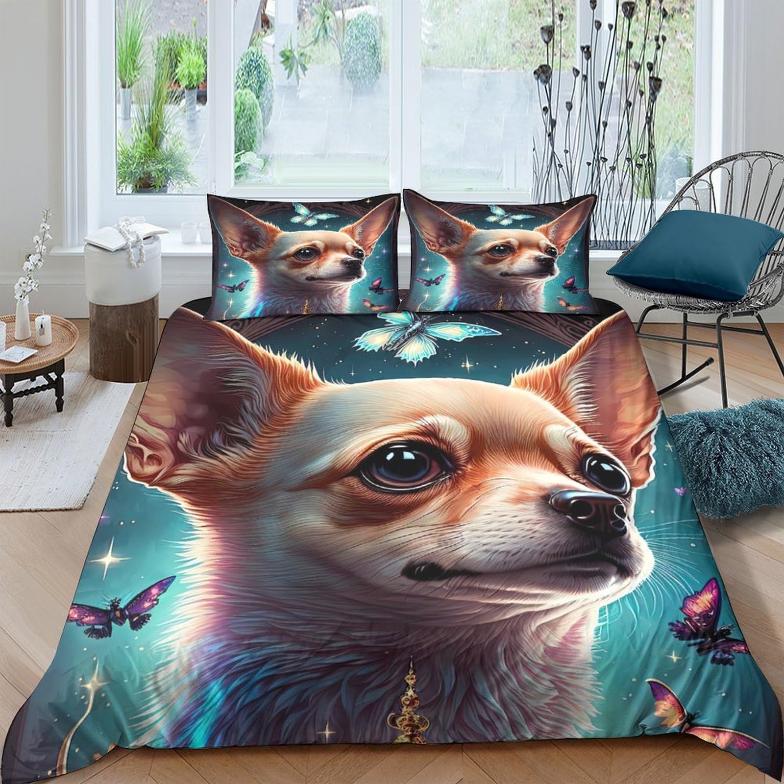 Ctjqhvkz Style-2 3D Printed Chihuahua Dog Fitted Sheet Microfiber Soft Breathable Butterfly Bed Sheet For Bedroom Dorm Decor Single（135X200cm）