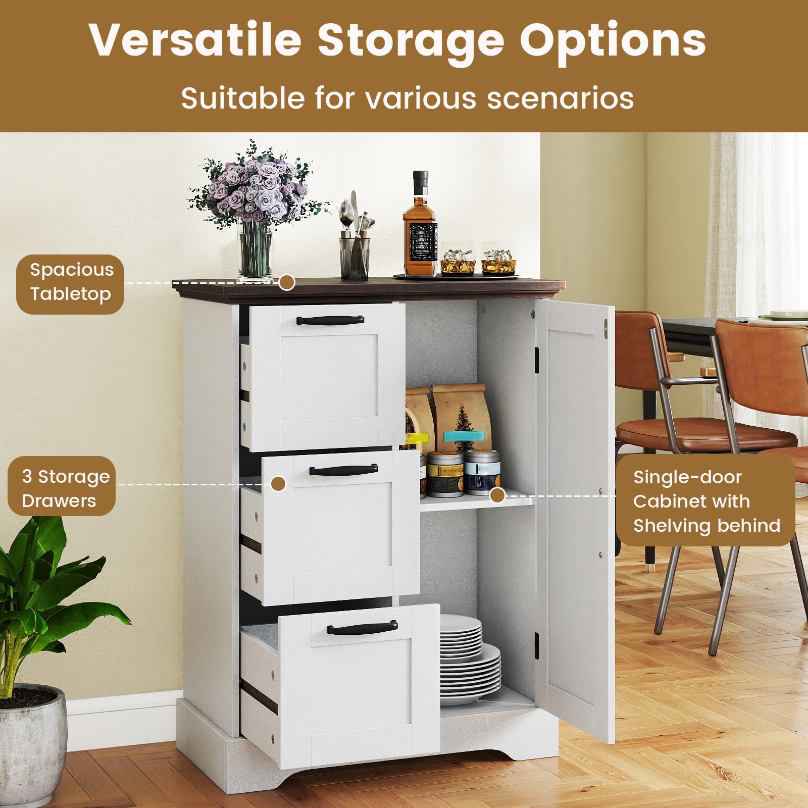 KOMFOTTEU Aparador de Cocina con 3 Cajones y Armario con Puertas, Armario Auxiliar con Kit Antivuelco y Cierre Magnético, Mueble Bajo de Almacenamiento para Salón, Comedor, 60 x 30 x 80 cm (Blanco)