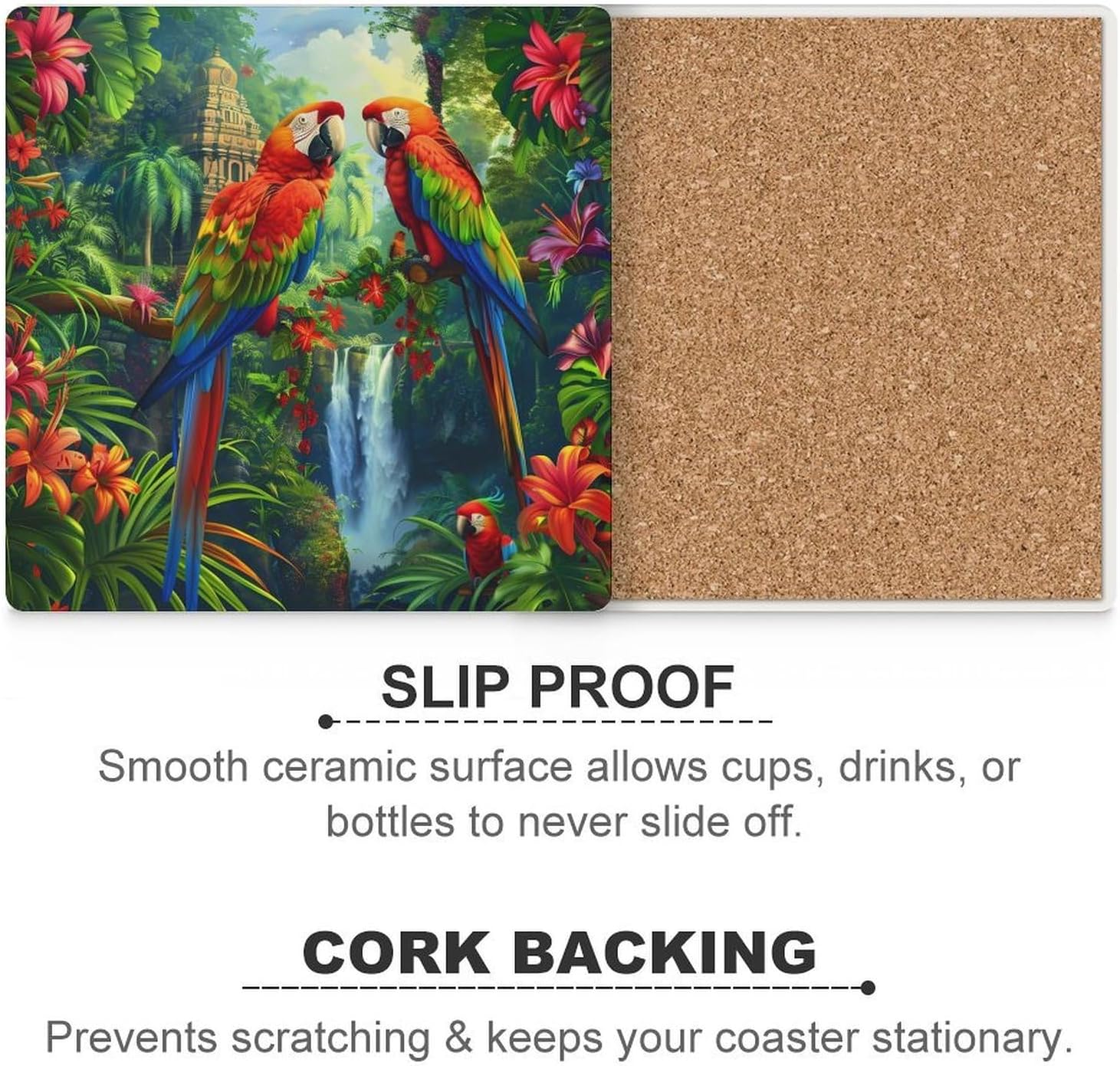 Landscape Parrot Bird Coaster for Drinks Square Ceramic Table Coasters Stone Mat Crafts 4PCS Home Kitchen Decor
