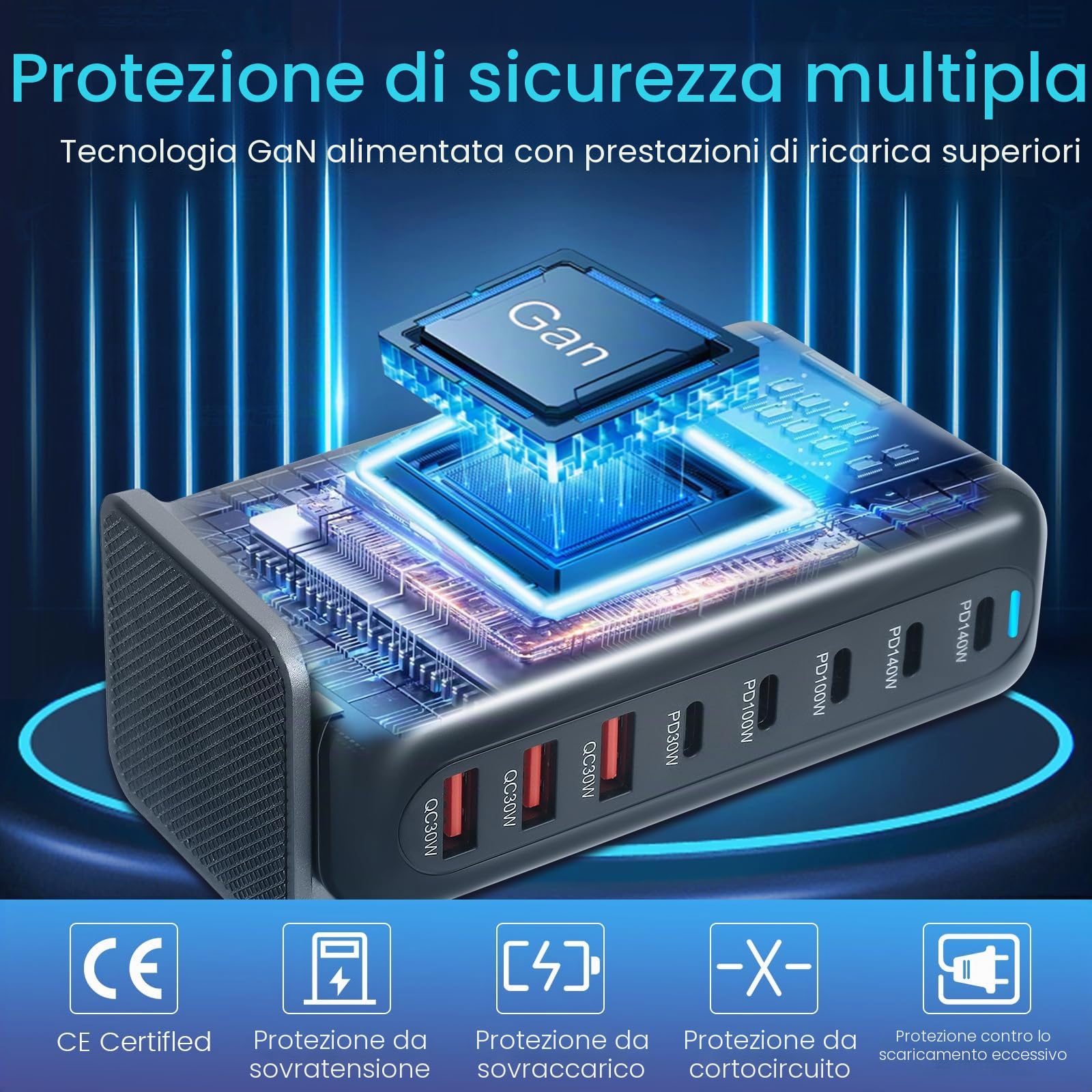 600W Caricatore USB Multiplo, 8 Porte Stazione di Ricarica Veloce Caricabatterie USB C PD PPS 140W Alimentazione Rapido per Laptop Telefono Cellulare