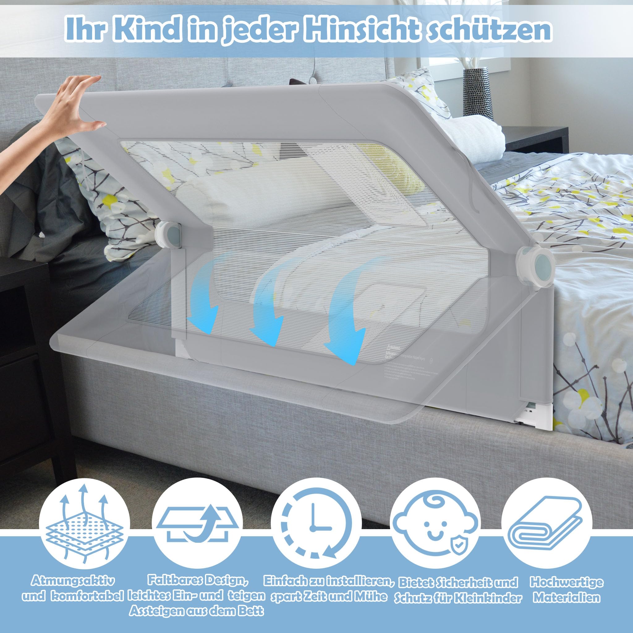 LZQ Zanzariera per letto per bambini, pieghevole, protezione contro le cadute, protezione dal letto, per bambini, protezione contro le cadute (grigio chiaro, 180 cm)