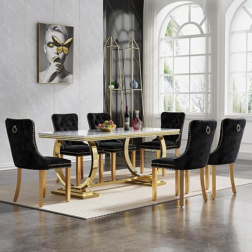 HomVent Mesa de comedor moderna con 6 sillas, diseño rectangular de mármol sintético, mesa dorada con 6 sillas negras