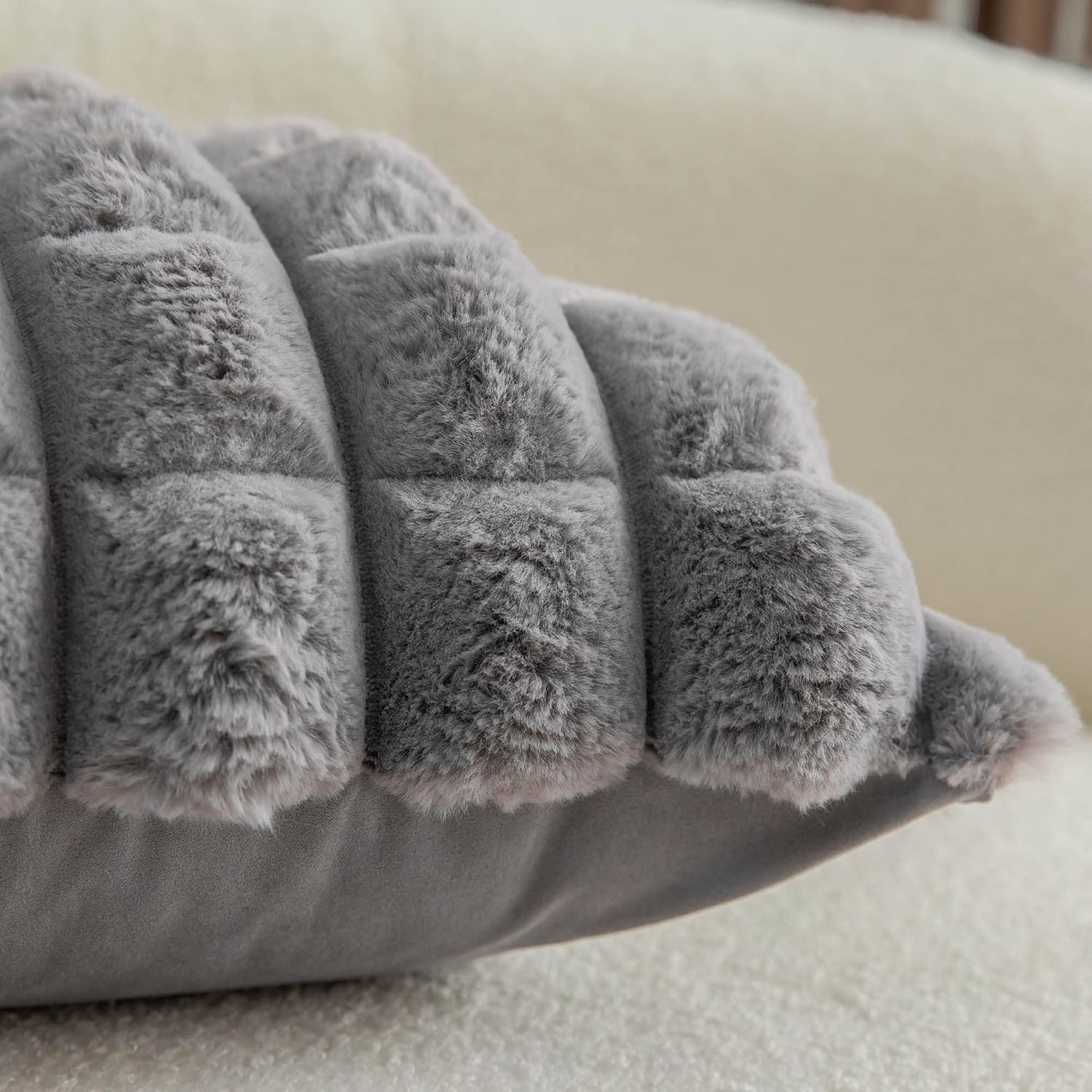 Neelvin Grey Faux Fur Cozy Soft Plaid Decorative Throw Pillow Covers 18x18 inch Set of 2,Velvet Pillowcase Cushion Case for Sofa Couch - Image 6