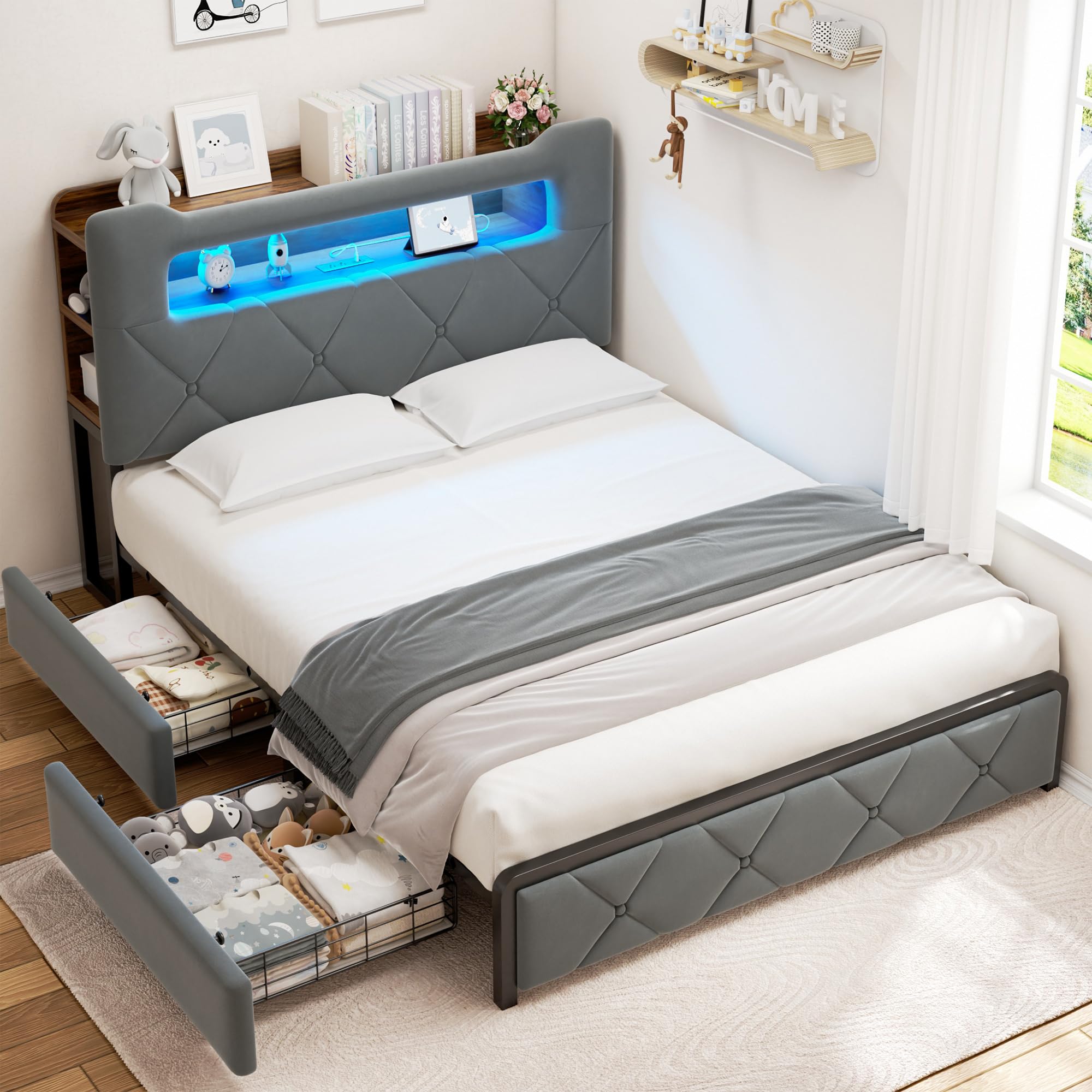 (INCOMPLETE)Full Upholstered LED Bed Frame with 2 Storage Drawers and 2-Tier Storage Headboard, Velvet Platform Bed with Charging Station & Bookcase, Heavy Duty Metal Support, No Box Spring Needed, Grey