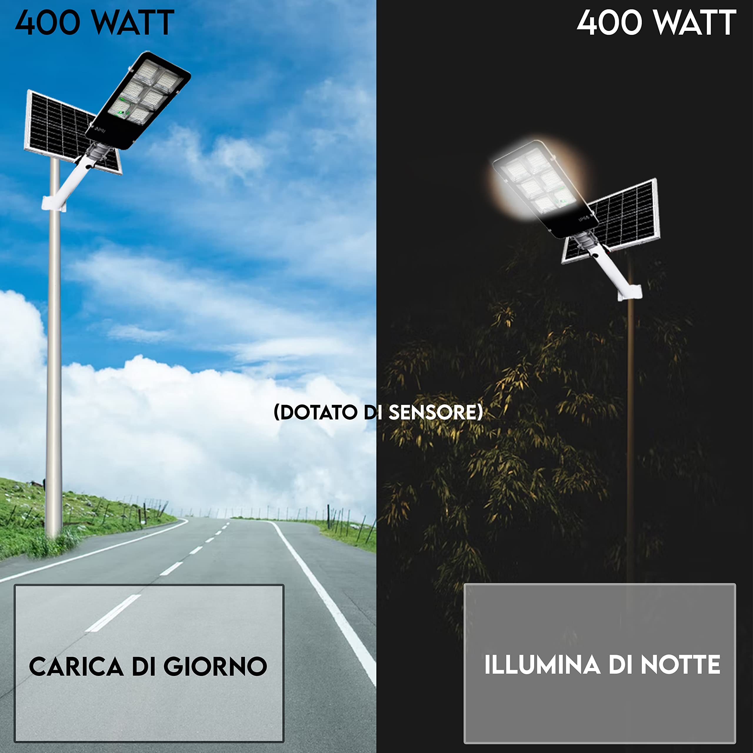 MAKA Lampione con Pannello Solare Monocristallino Led Esterno con Palo Telecomando Leds Impermeabile Ip66 Faro Luce Fredda 6500K 12 Ore Autonomia Sensore Crepuscolare Stradale Giardino (400W)