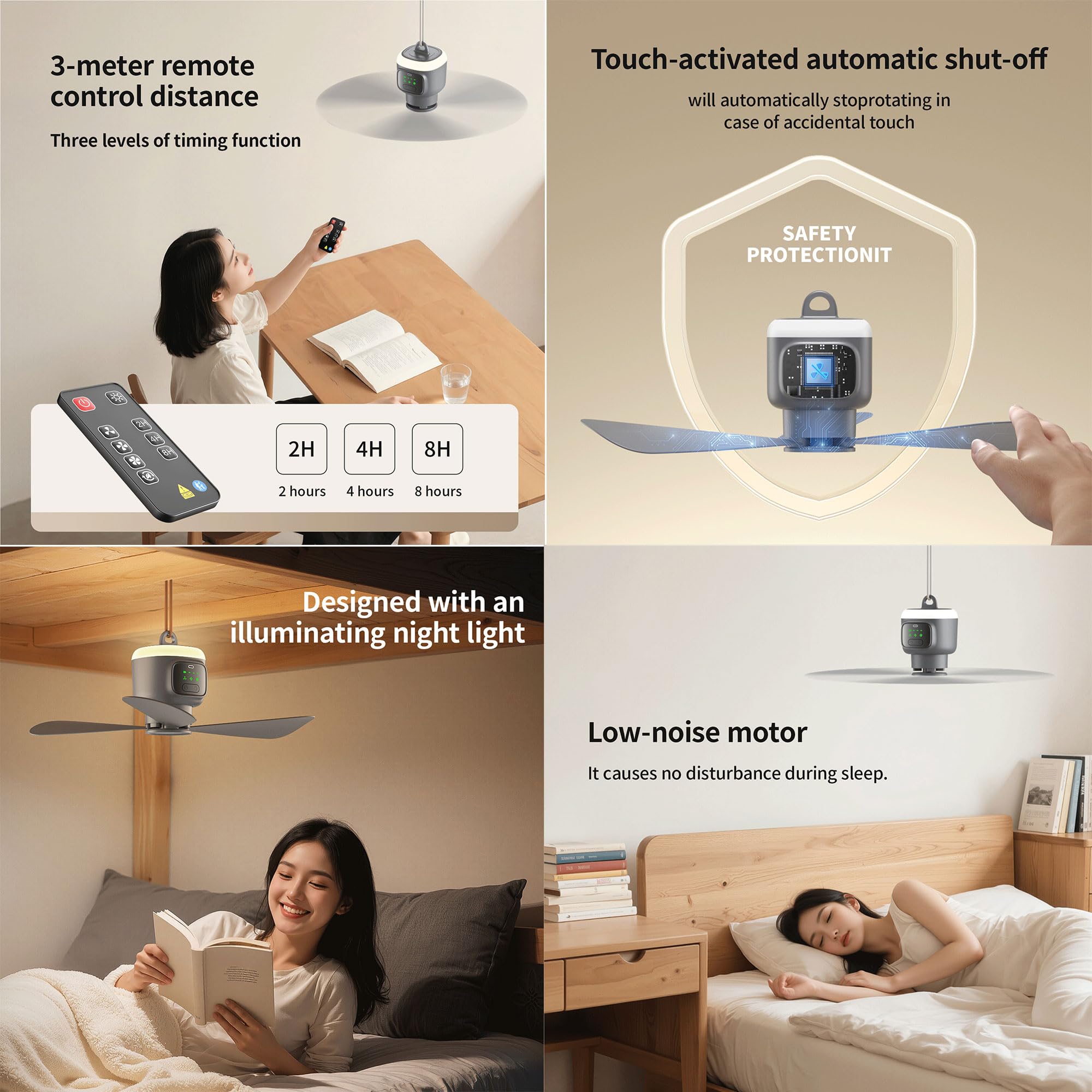 VVU&CCO Ventilatore da soffitto portatile ricaricabile con luce, 12000 mAh, funzionamento a batteria, tempo di utilizzo fino a 16 ore, regolazione 4 velocità, timer 2/4/8 ore, ventilatore da soffitto