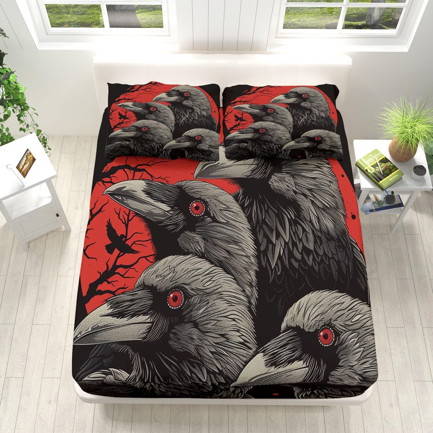 Print Fitted Sheet Set Queen Size for Kids Boys Girls, Bed Sheets Animal Red Eyes Crow Pattern Fitted Sheet Adults Flat Sheet Soft Luxury, Home Room Decor 4Pcs