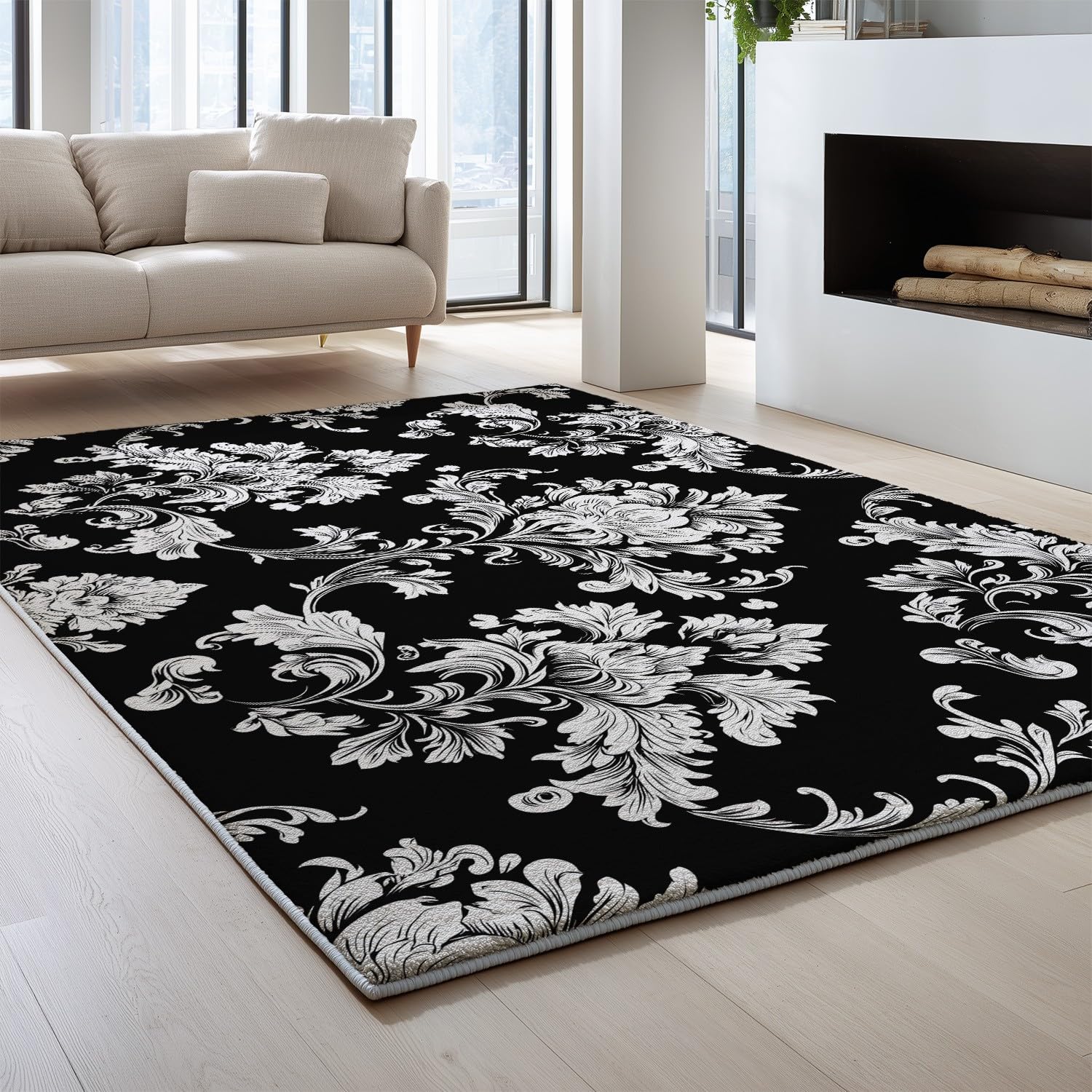 Générique Tapis Moelleux 60 x 90 cm, Extra Epais Tapis Chambre Antidérapant Lavable en Machine, Rétro Motifs Floraux Luxe Floral pour Interieur, Salle à Manger, Noir-Blanc