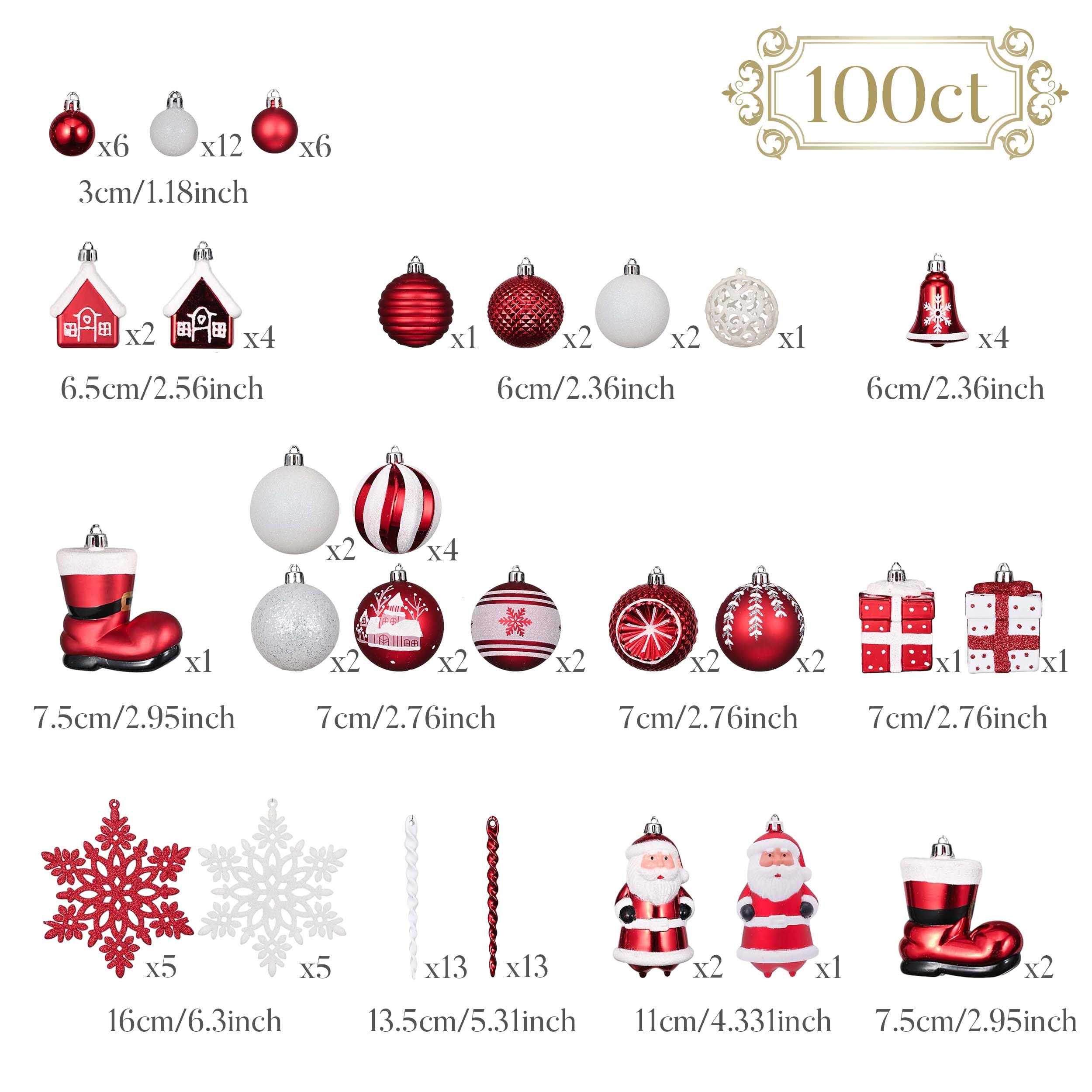 Valery Madelyn Weihnachtsschmuck-Set, 120 Karat rot und weiß, bruchsicher, Weihnachtsbaumschmuck-Set, traditionelle rote und Silberne dekorative hängende Kugel-Ornamente, Großpackung für Weihnachten,