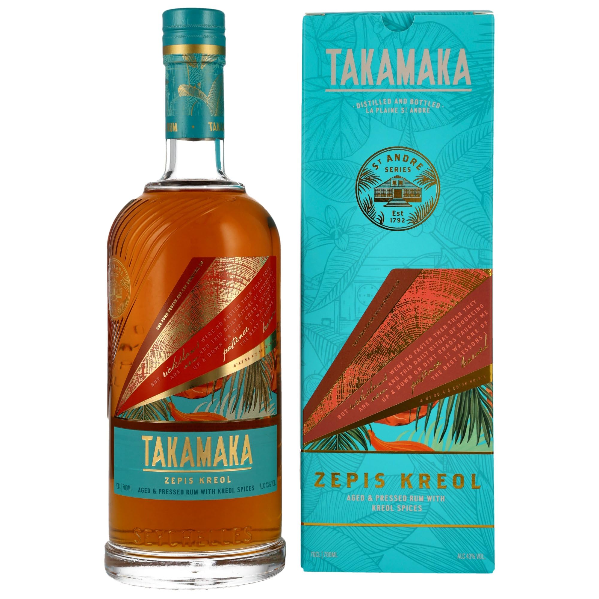 Takamaka Zepis Kreol Aged Sipping Rum | 43% | 70cl | Naturally Spiced Rum from the Seychelles | Complex and Rich with Creole Spices | Perfect Neat | Perfect for Gifting