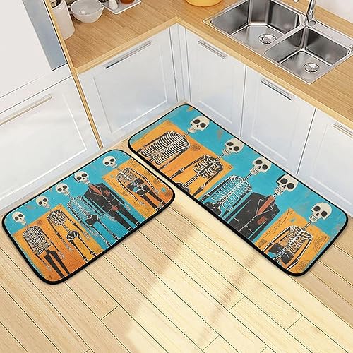 Miniatura 2 de Kitchen Mats for Floor 2 Piece Set Modern Art Skeleton Print, Anti Skid Cushioned Water Absorbent Kitchen Rugs Door Mat Floor Mats for Kitchen Sink