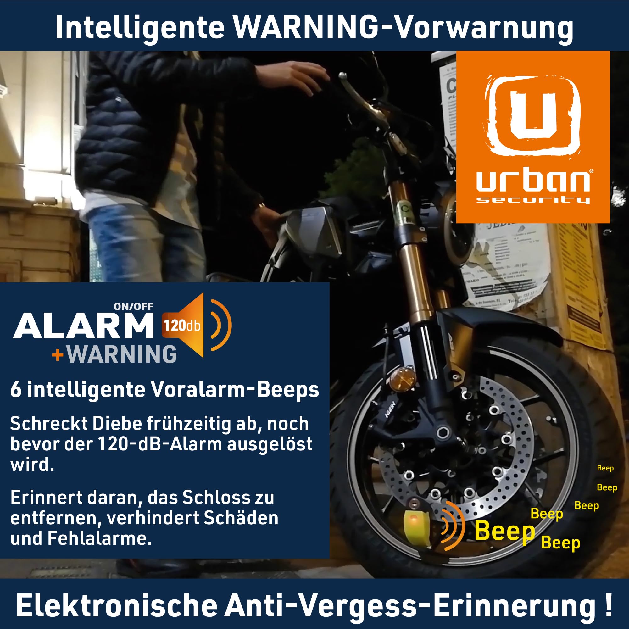 URBAN UR6 Bremsscheibenschloss mit Intelligentem Alarm | Effektiver | Hi-Tech, 120dB, LED, Warnfunktion A+ Empfindlichkeit, Langlebige CR2 Batterie, Wasserdicht, Motorrad Schloss Fahrradschloss, 6mm
